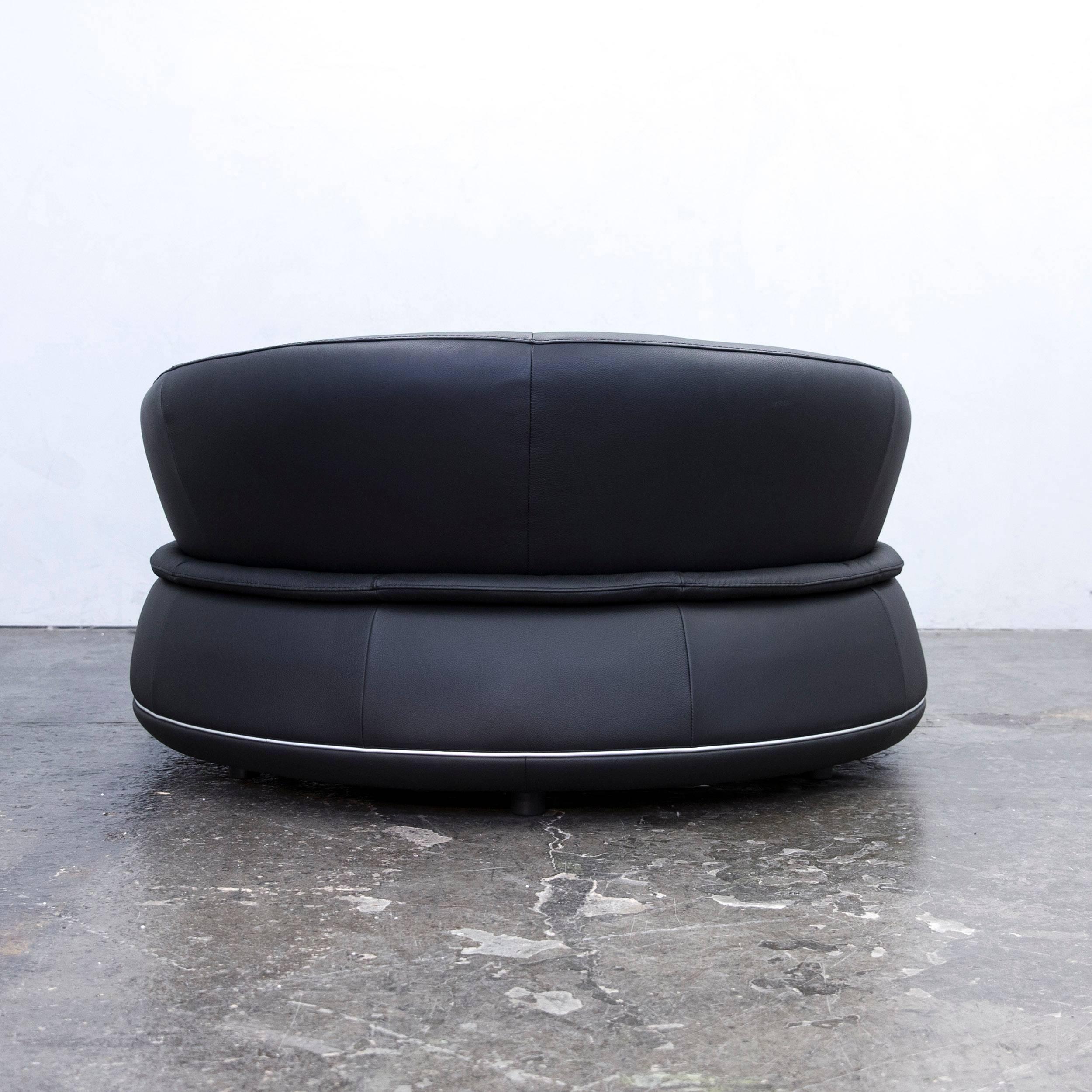 Leather Nieri Espace Loveseat Designer Sofa Anthrazit Black Two-Seat Round Lounge Couch