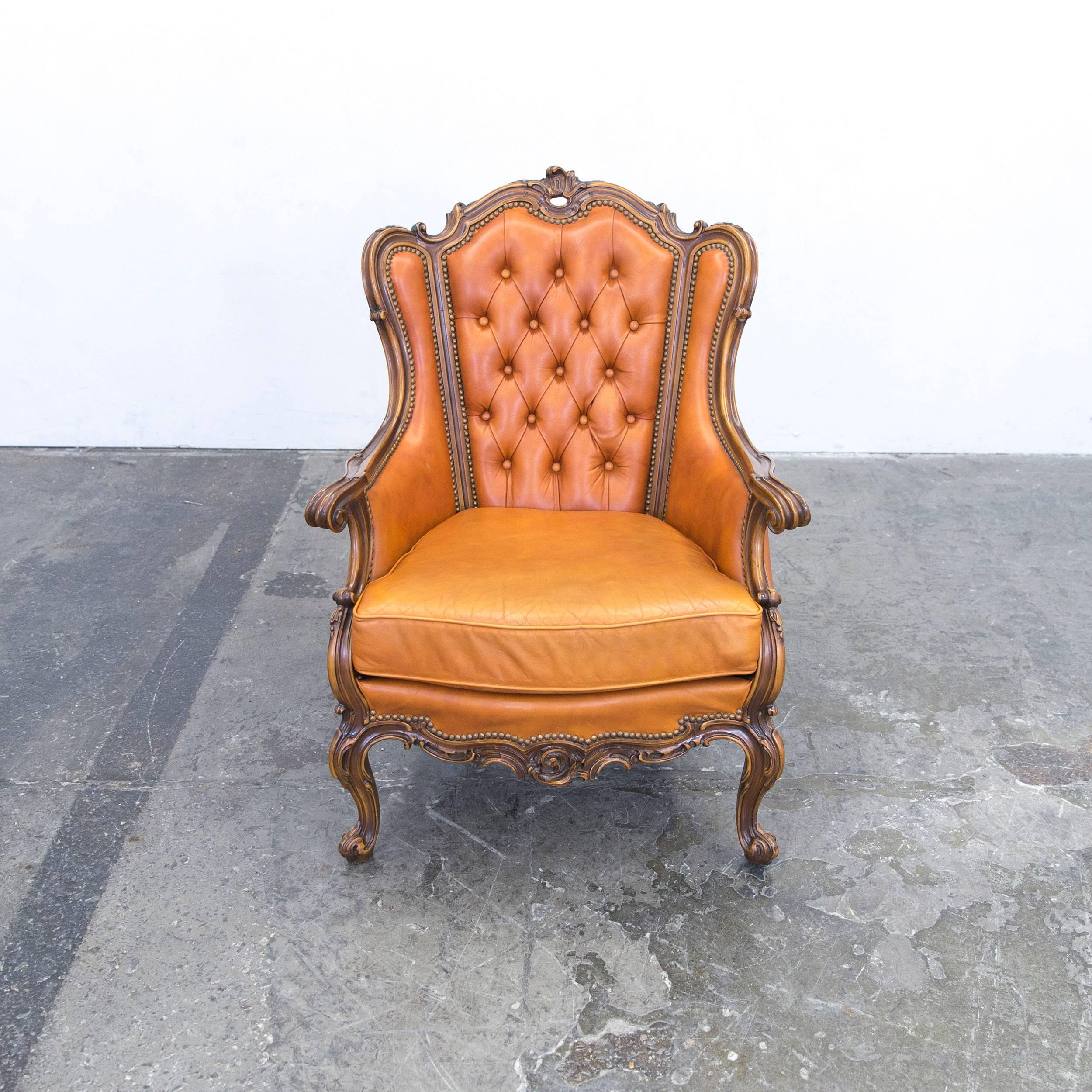 British Chesterfield Baroque Leather Armchair Cognac Brown Three-Seat Couch Wood Retro