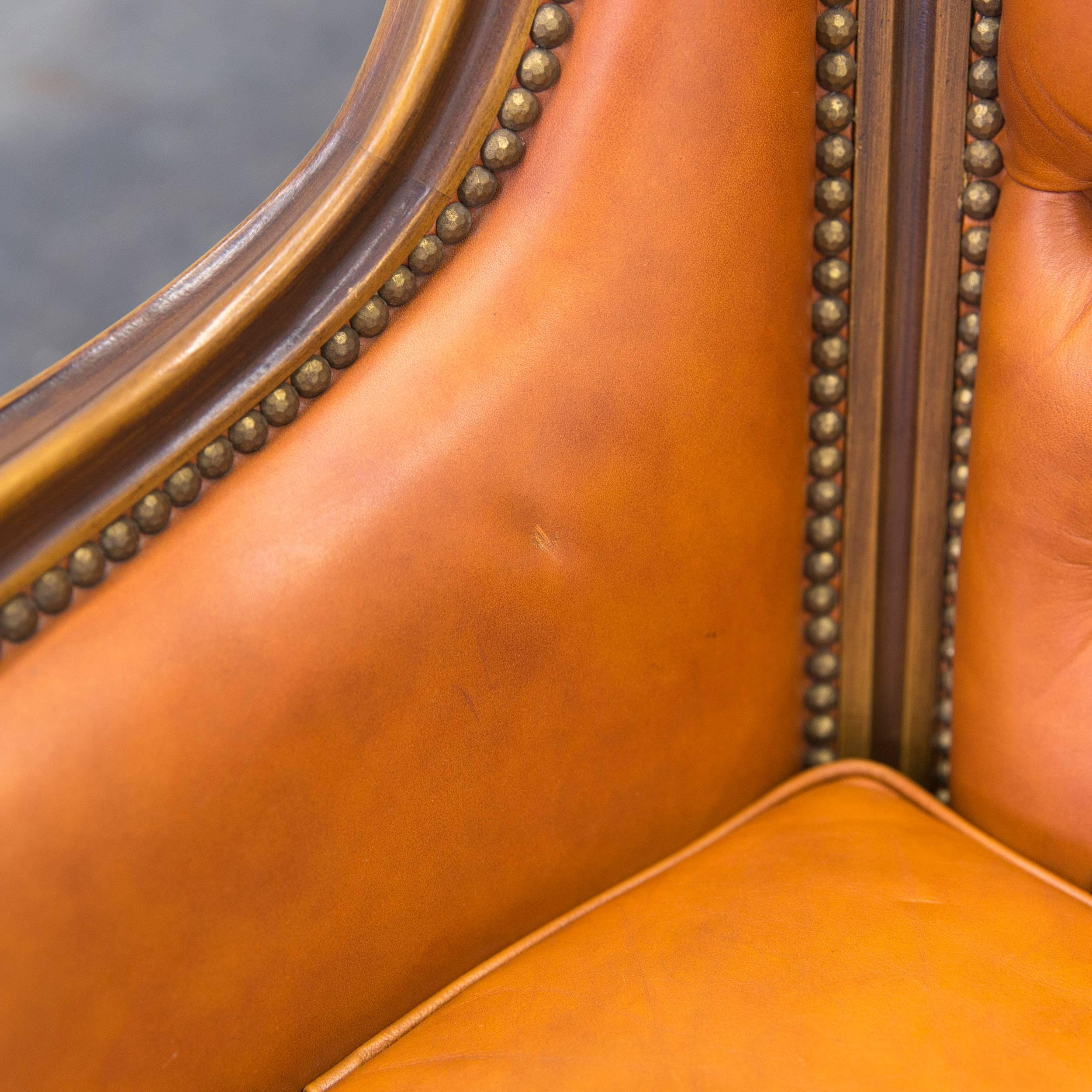 20th Century Chesterfield Baroque Leather Armchair Cognac Brown Three-Seat Couch Wood Retro