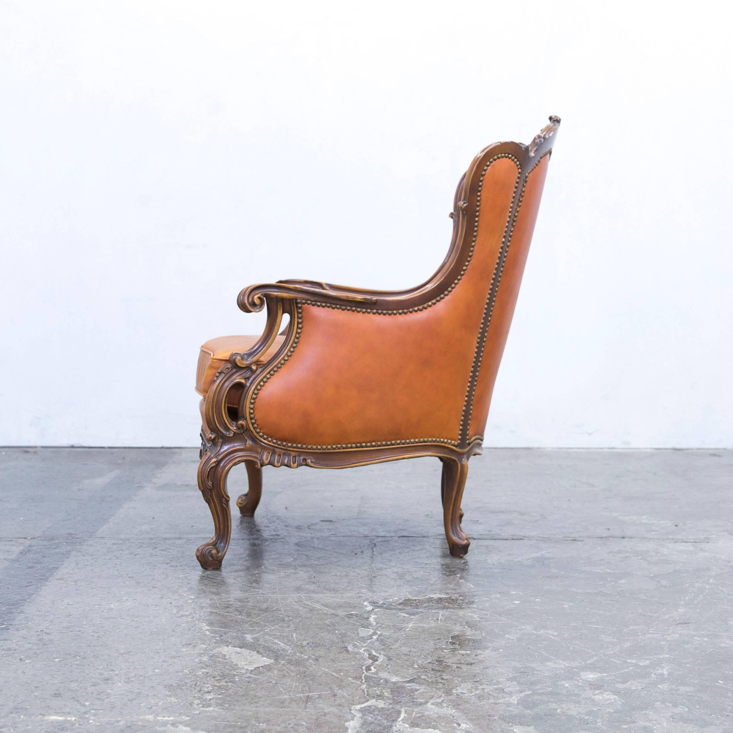 Chesterfield Baroque Leather Armchair Cognac Brown Three-Seat Couch Wood Retro 3