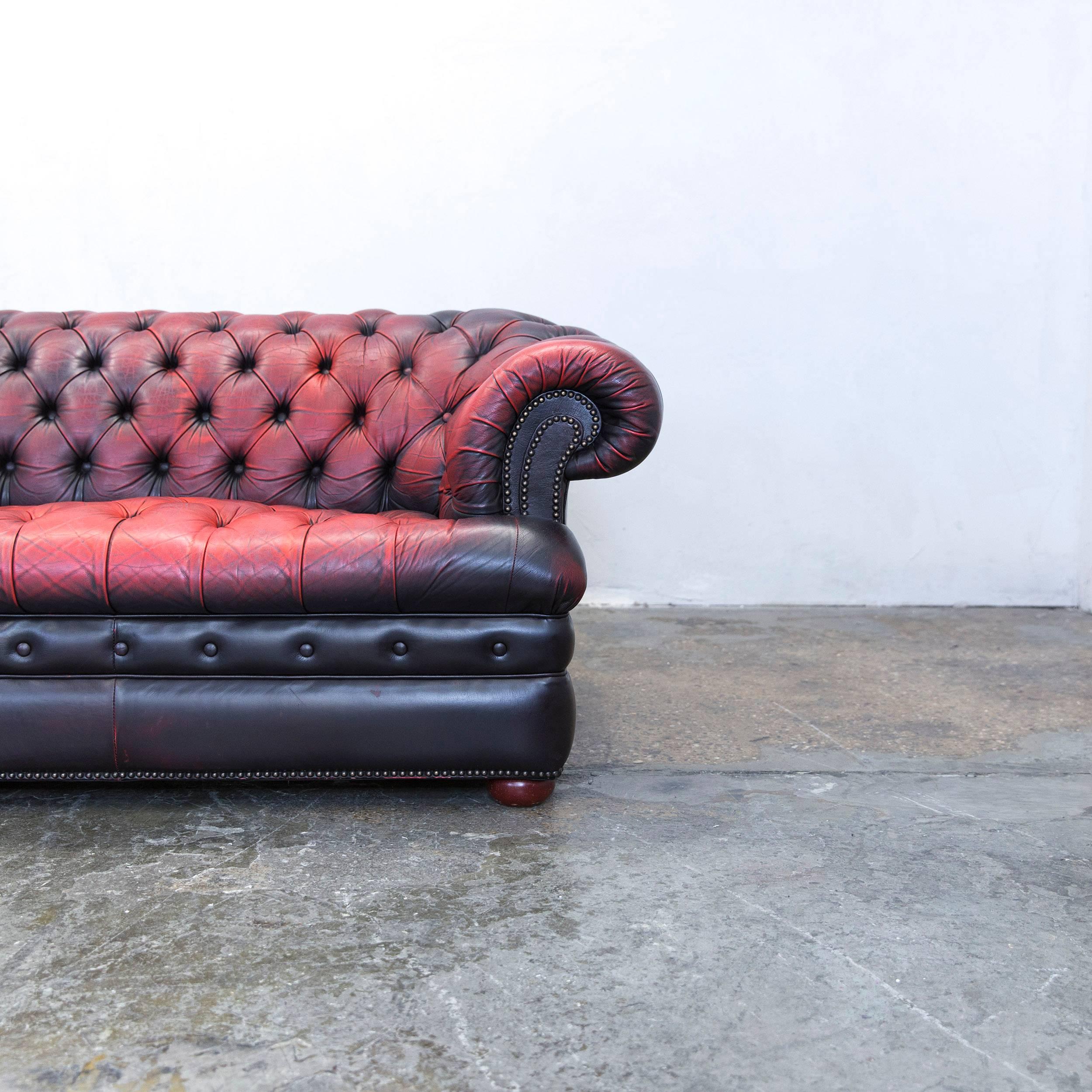 British Chesterfield Sofa Leather Red Brown Three-Seat Couch Retro Vintage 