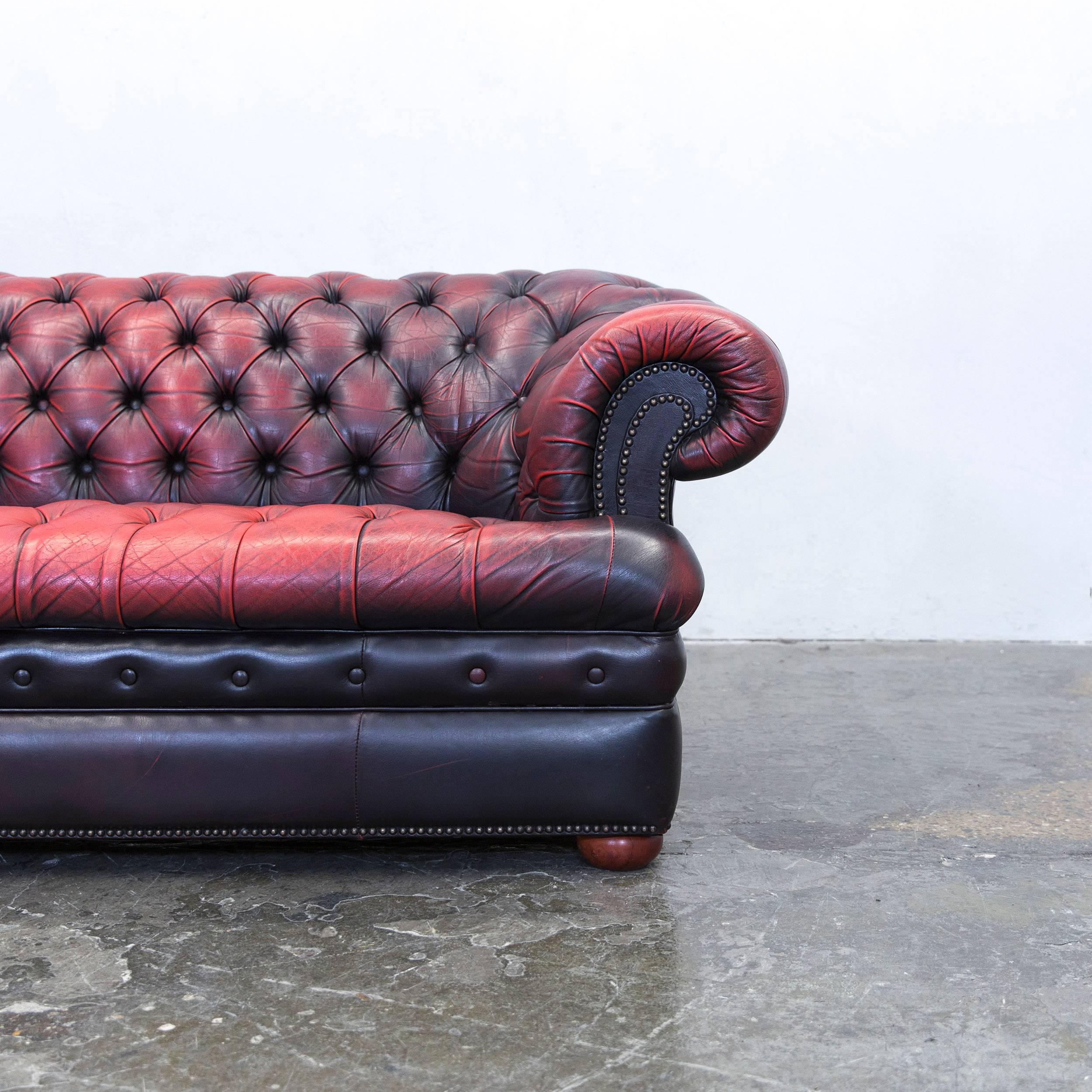 British Chesterfield Sofa Leather Red Brown Three-Seat Couch Retro Vintage