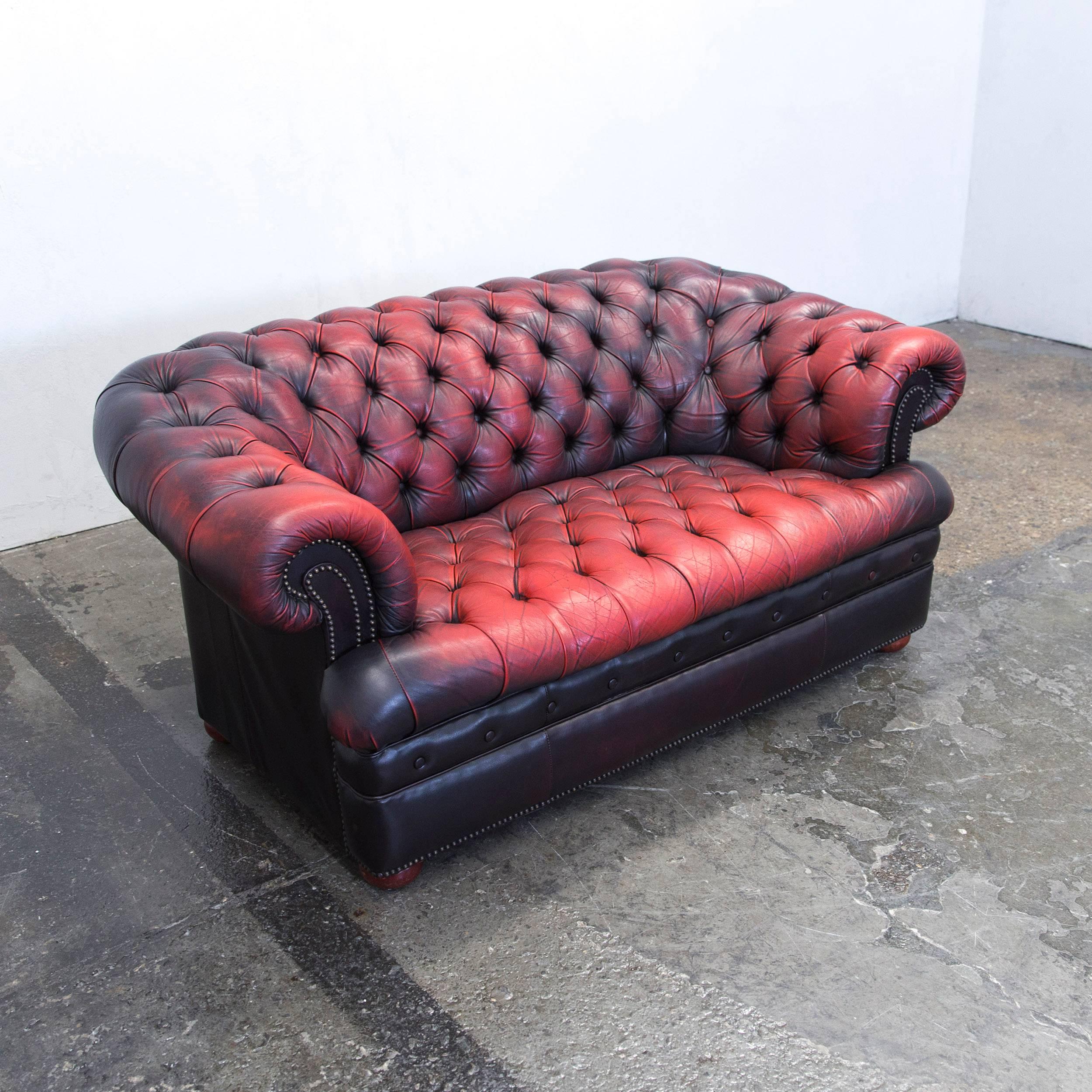Chesterfield Sofa Leather Red Brown Three-Seat Couch Retro Vintage In Good Condition In Cologne, DE