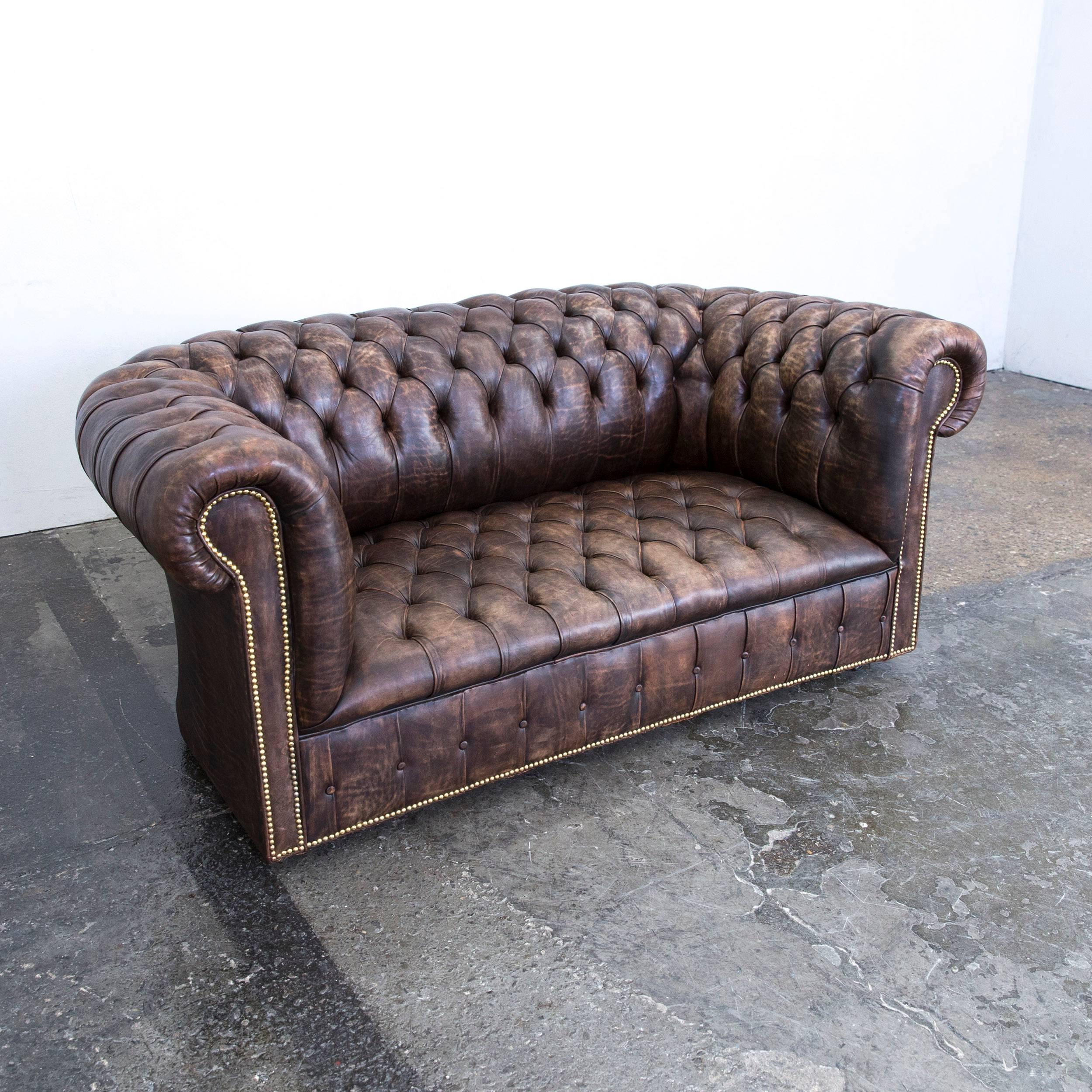 Chesterfield Leather Sofa Brown Two-Seat Couch Retro Vintage In Good Condition In Cologne, DE