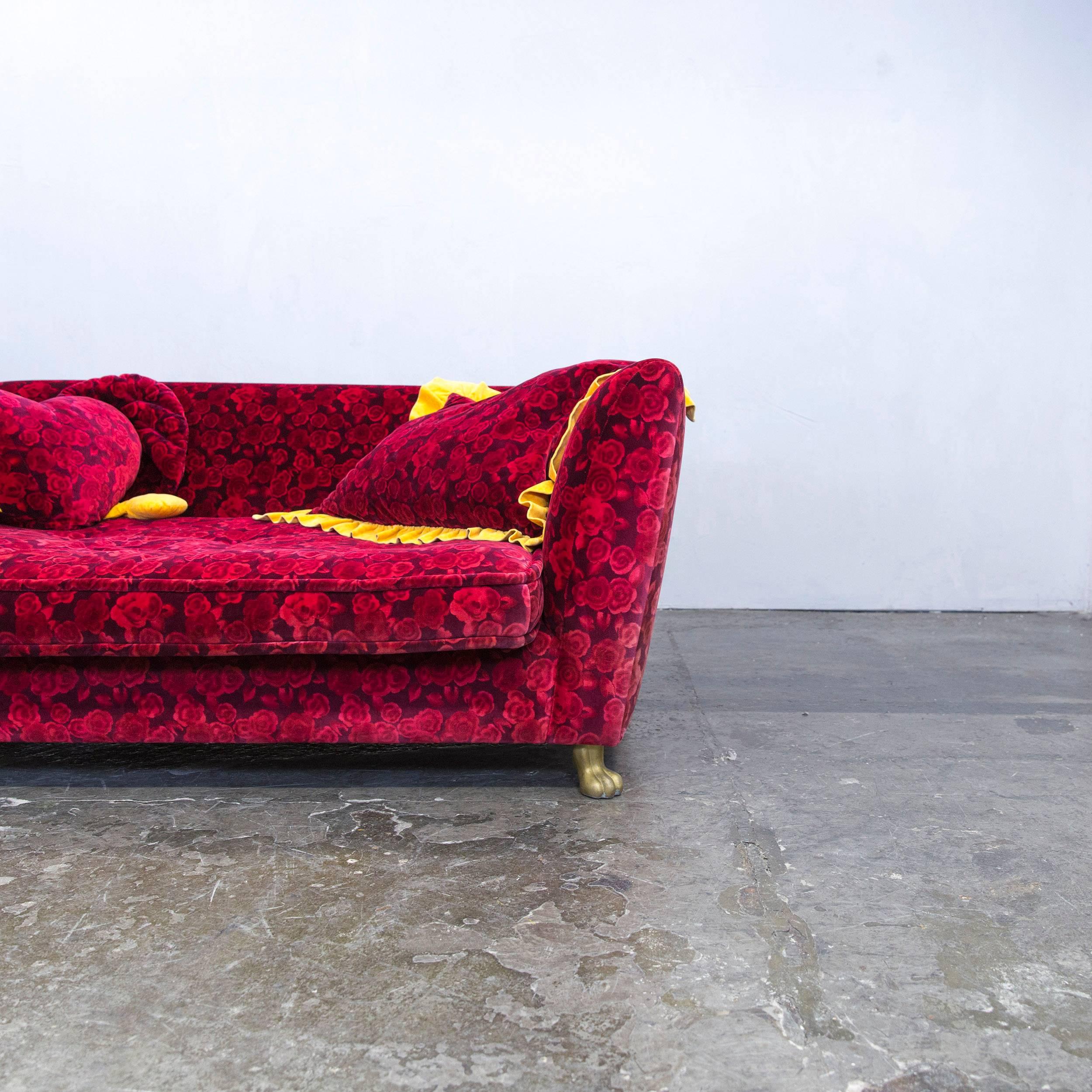 Bretz Monster Designer Sofa Red Fabric Three-Seat Couch Floral Pattern Couch  at 1stDibs