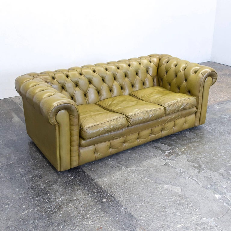 Chesterfield Leather Sofa Olive Green Three-Seat Couch Retro Vintage at ...