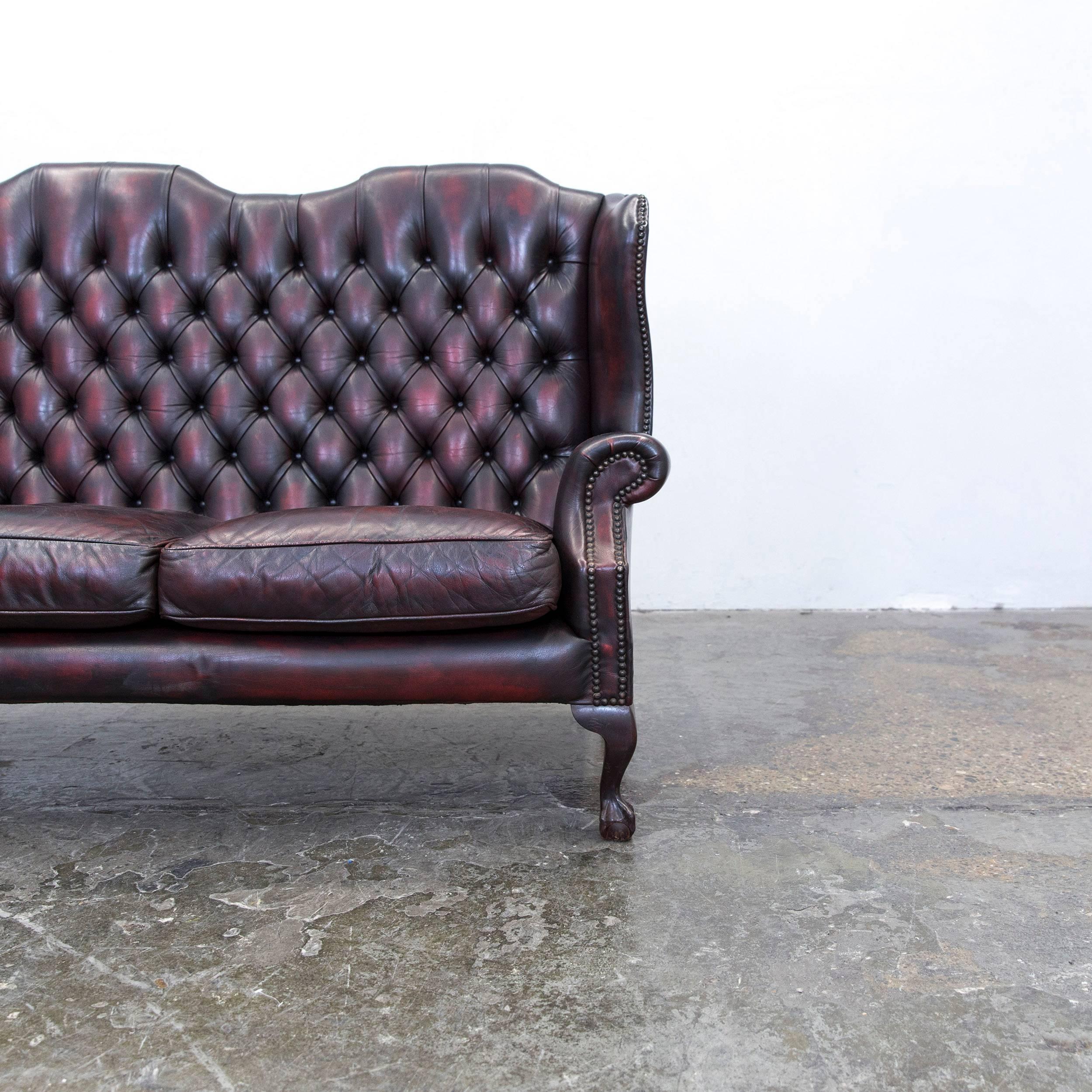 British Chesterfield Leather Sofa Red Brown Two-Seat Couch Retro Vintage