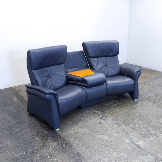 Mondo Designer Sofa Leather Blue Three-Seat Function Couch Modern For Sale  at 1stDibs