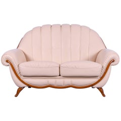 Nieri Designer Sofa Crème Beige Leather Two-Seat Couch Wood