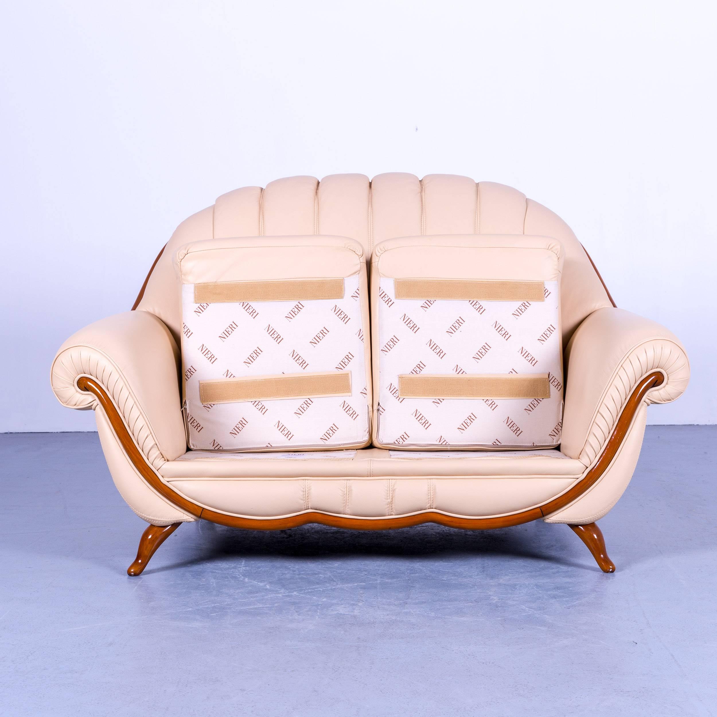 Nieri Designer Sofa Crème Beige Leather Two-Seat Couch Wood 5