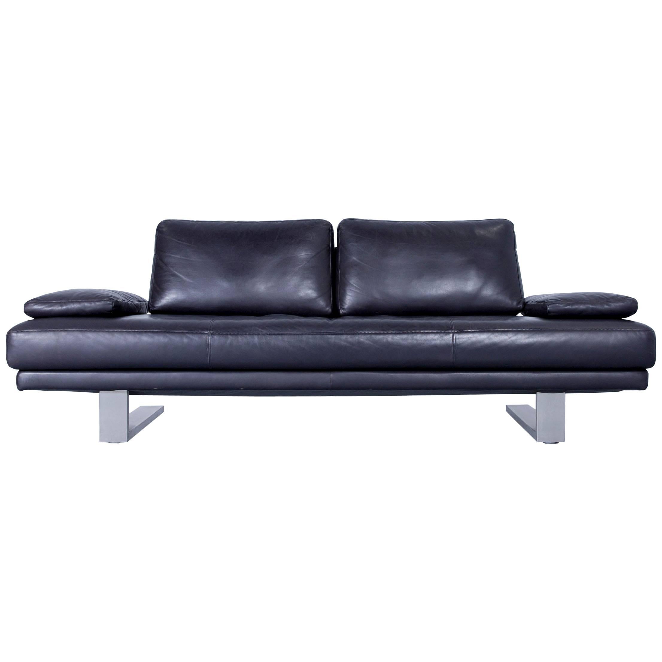 Rolf Benz 6600 Sofa Designer Leather Aubergine Black Three-Seat Couch Modern