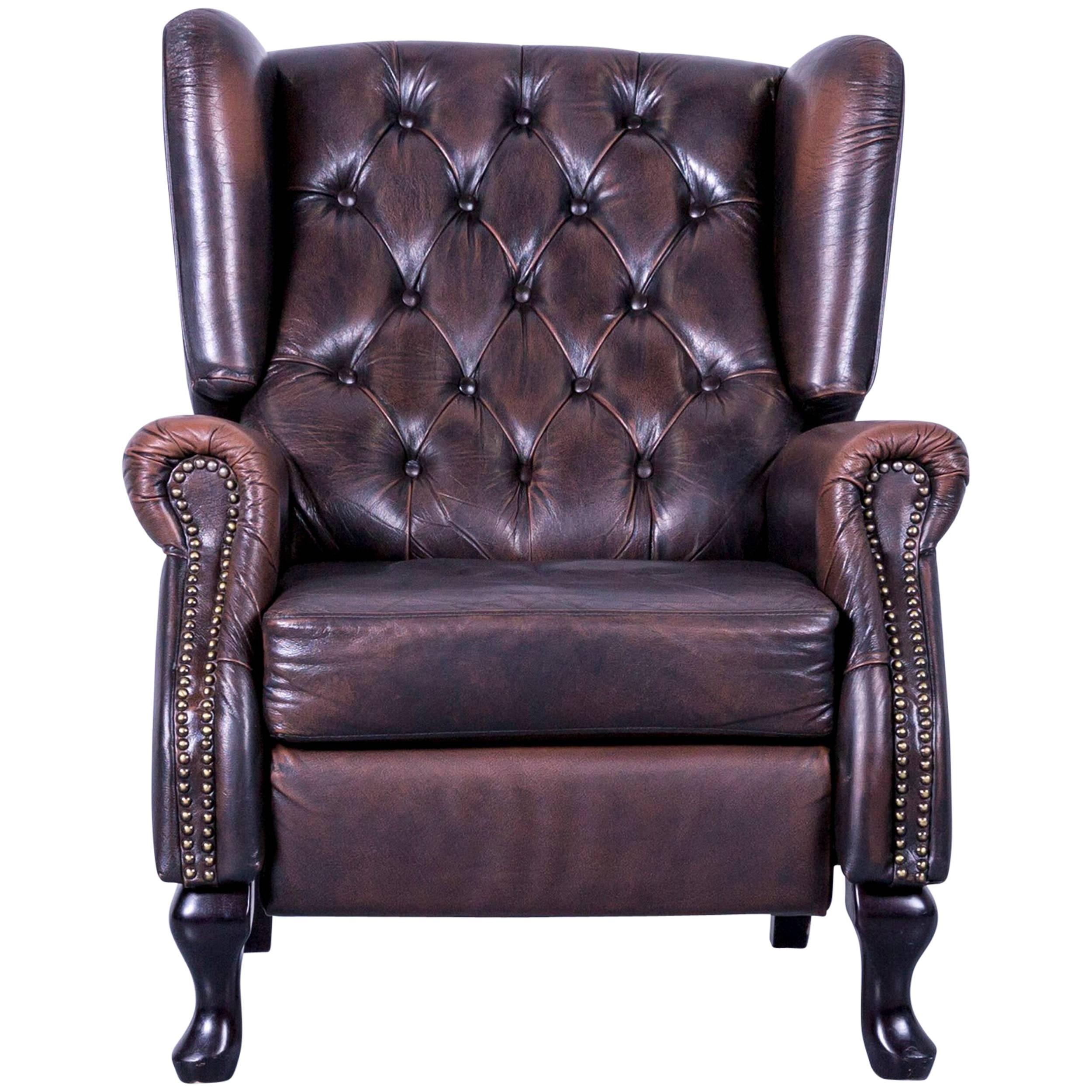 Chesterfield Armchair Mocca Brown Leather Buttoned Recliner Function Vintage
