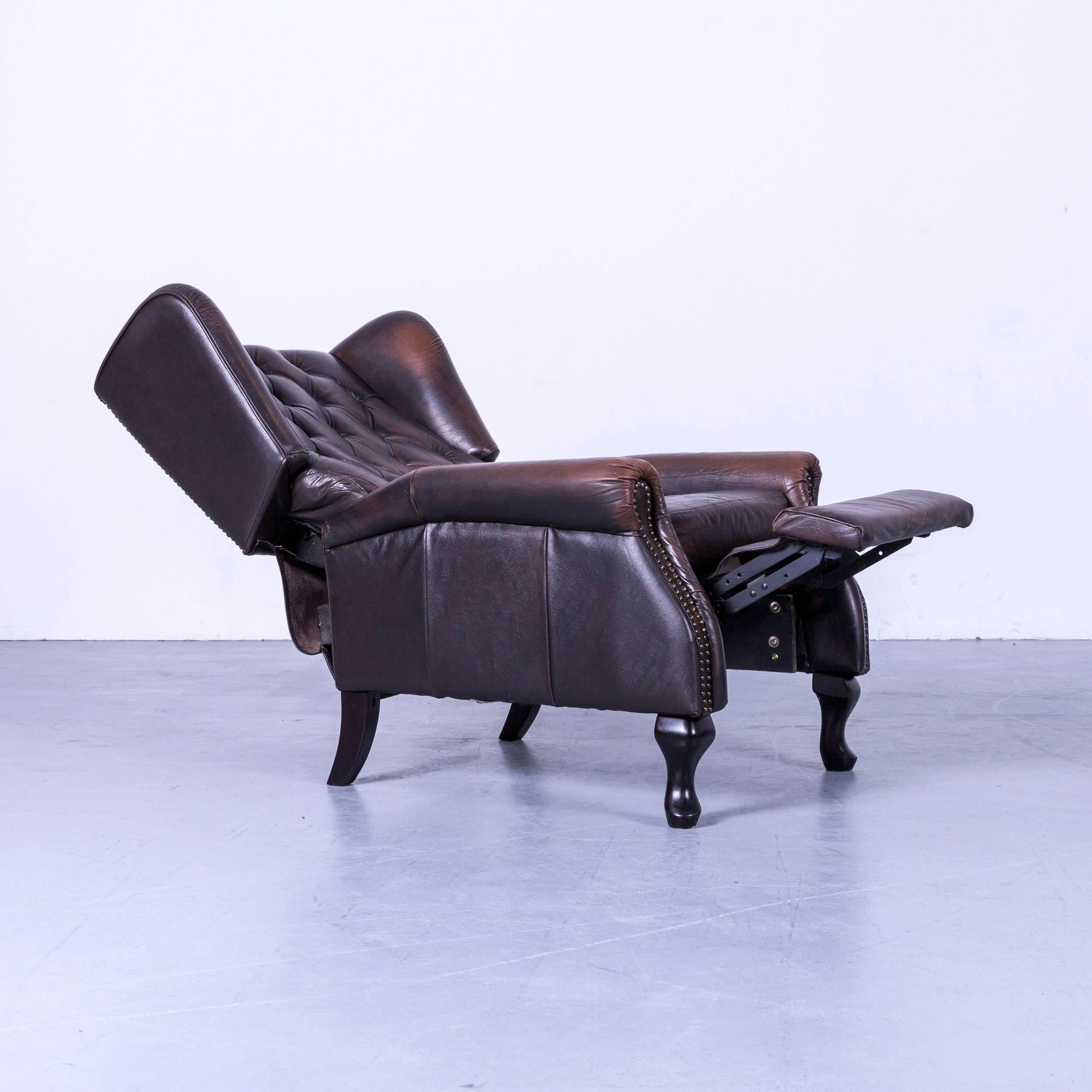 Chesterfield armchair mocca brown leather buttoned recliner function vintage.
