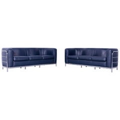 Zanotta Onda Designer Sofa Set Three-Seat Blue Leather Modern