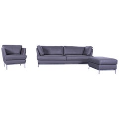 Brühl & Sippold Carousel Leather Sofa Set Grey Three-Seat and Armchair