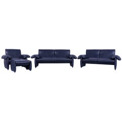De Sede DS 10 Designer Leather Sofa Set Dark Navy Blue Three-Seat Armchair