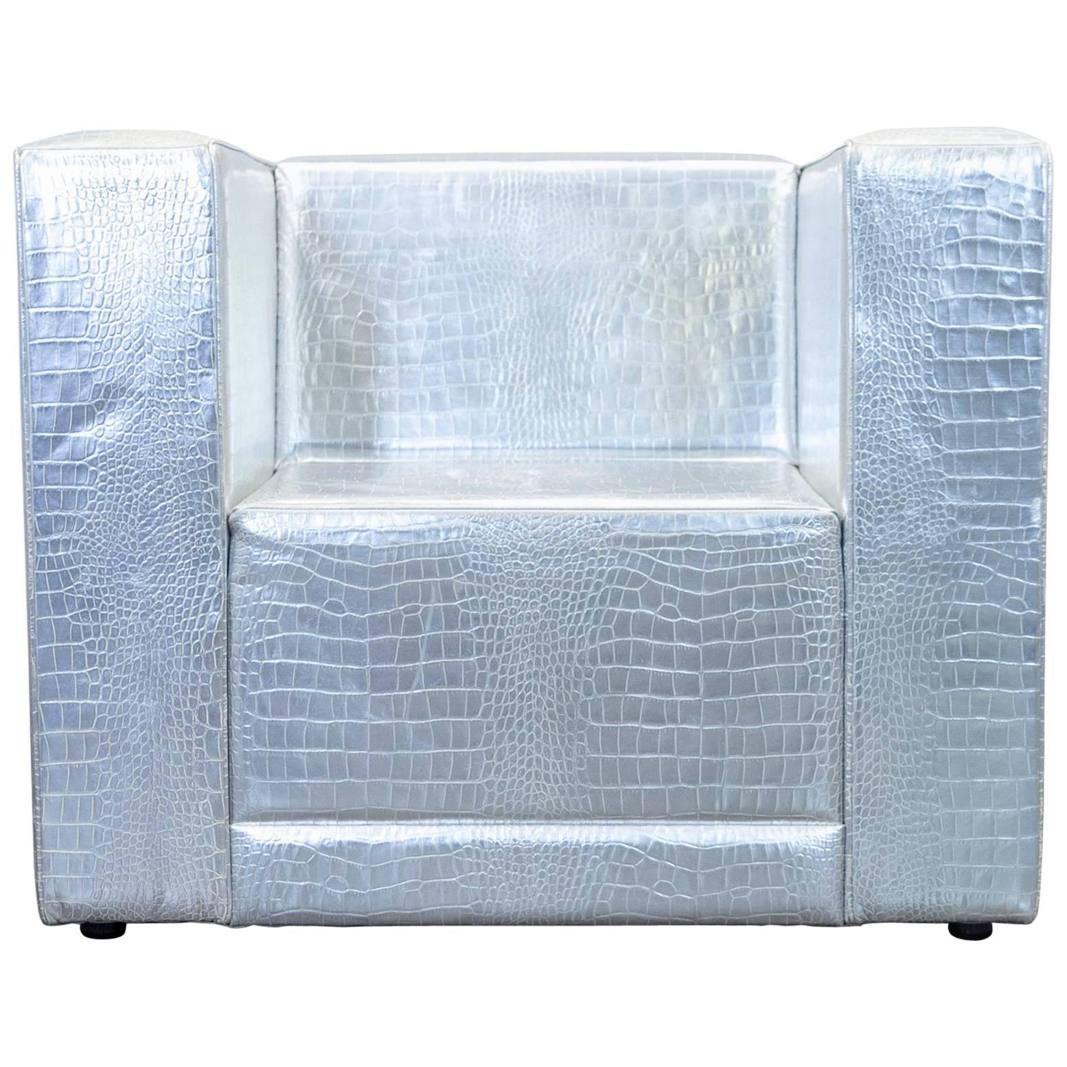 Philipp Plein Designer Club Chair Leather Silver Crocodile Pattern Couch Modern