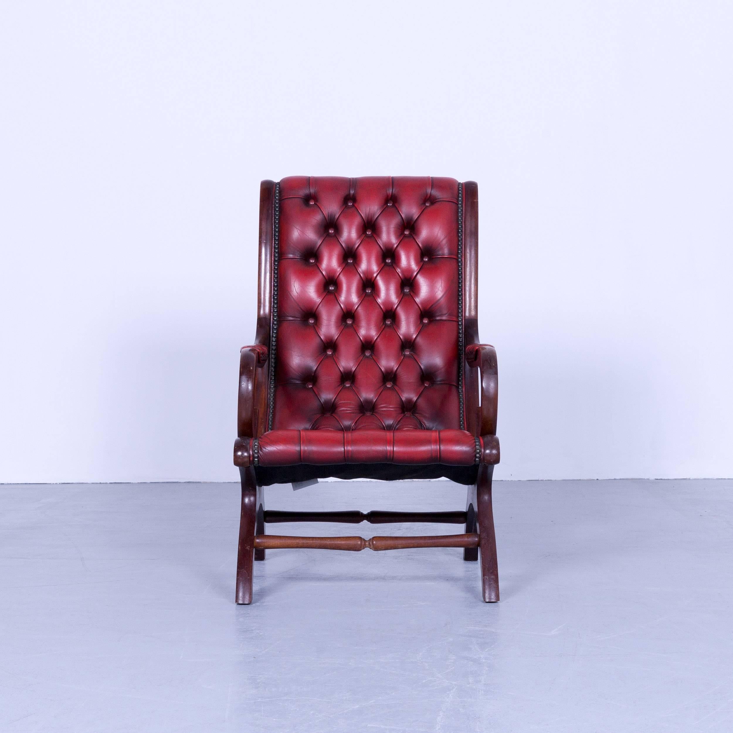 Chesterfield armchair oxblood red leather buttoned vintage retro wood handmade.