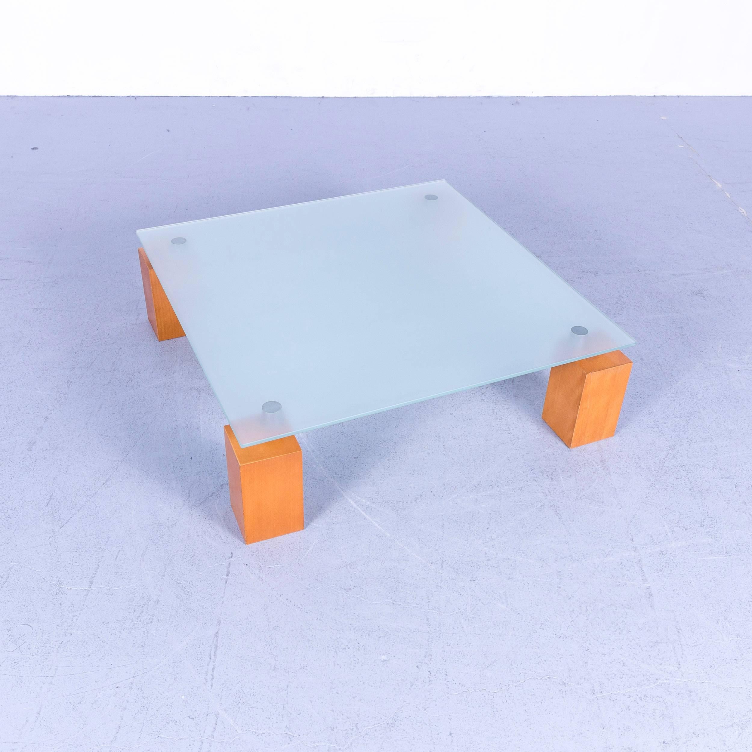 German Ligne Roset Squadra Coffee Table Glass Top with Wooden Feed Square