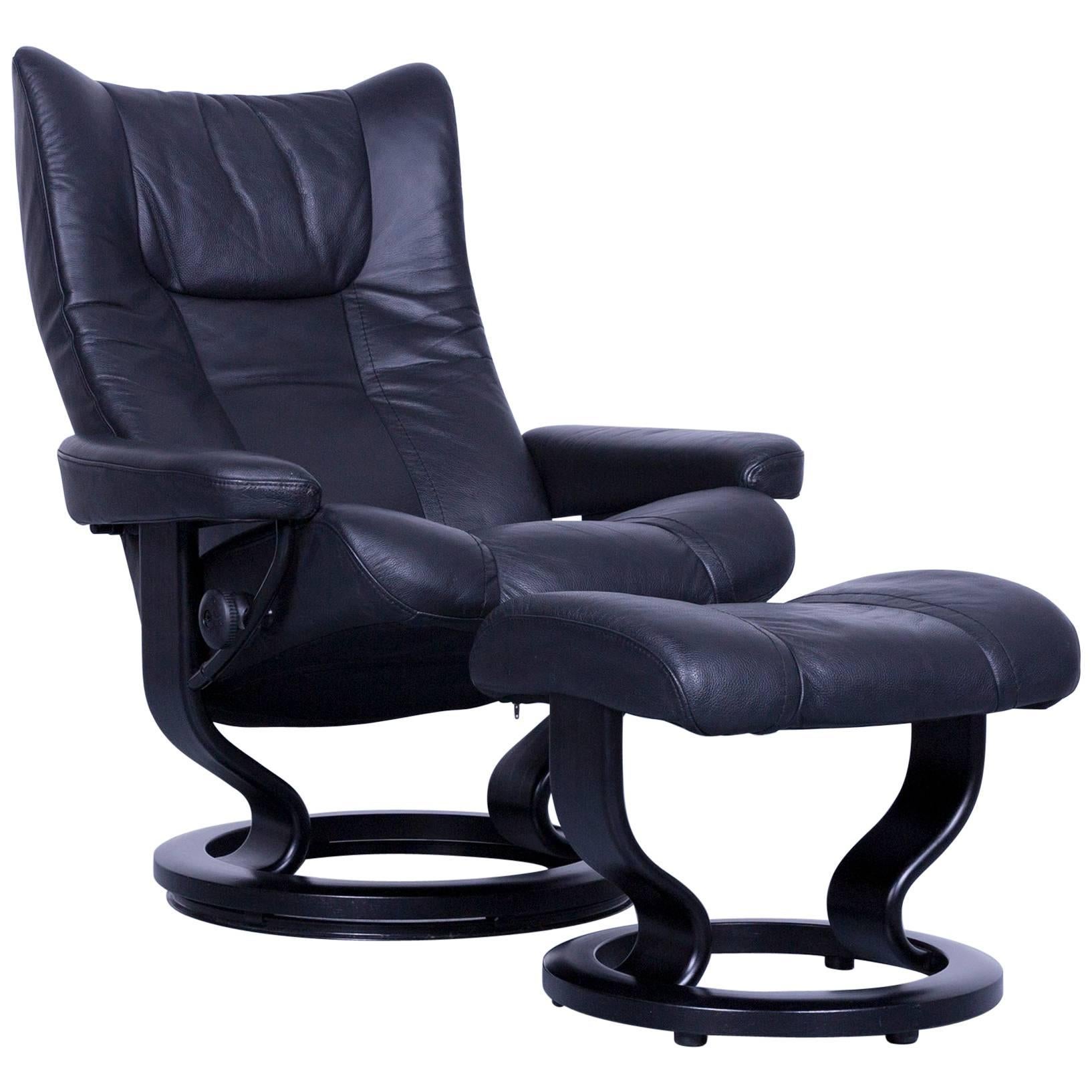 Ekornes Stressless Wing Armchair and Footstool Black Leather Recliner Chair For Sale