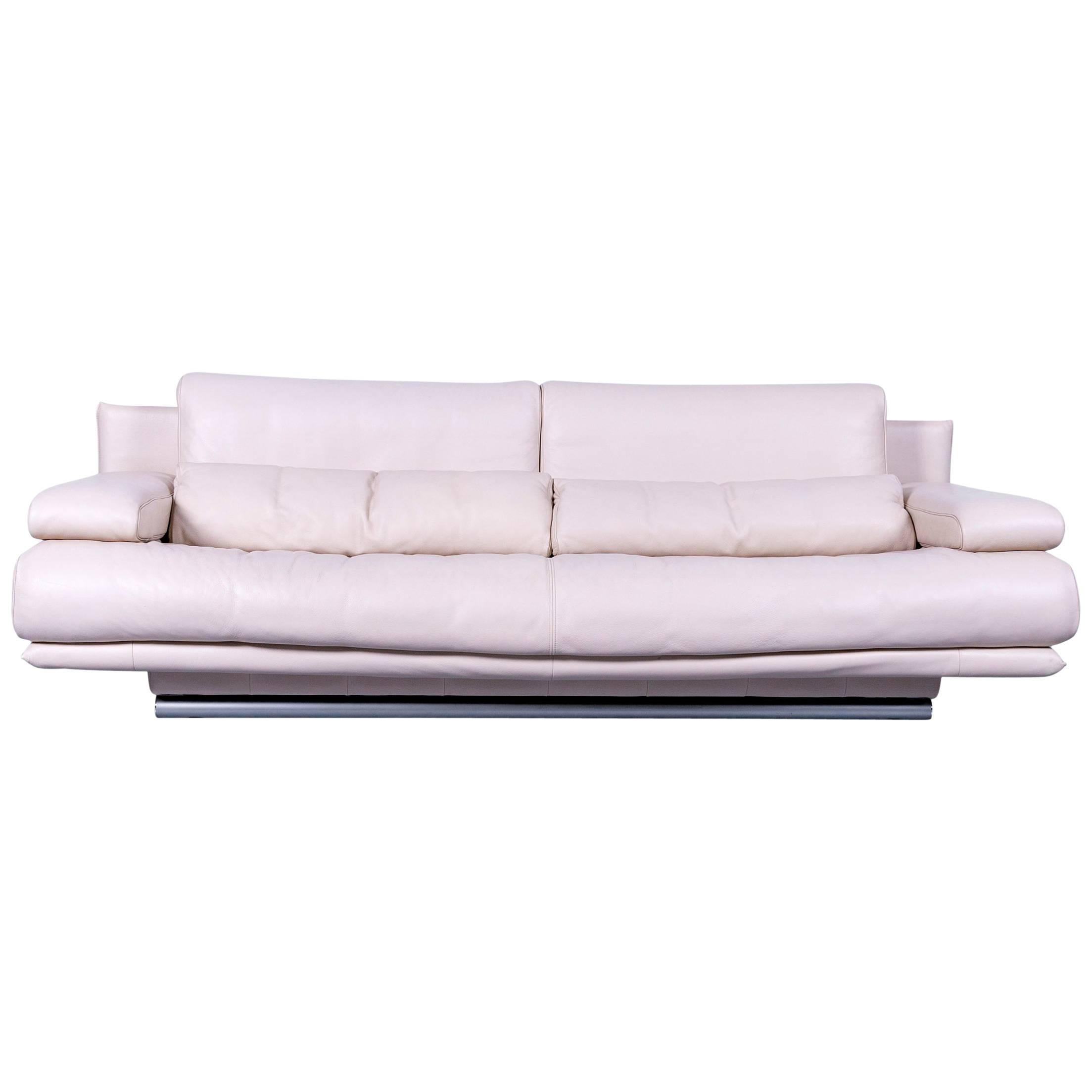 Rolf Benz 6500 Designer Sofa, Off-White Leather Three-Seat, Modern