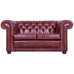 Chesterfield Two-Seat Sofa Red Brown Vintage Retro Handmade Rivets