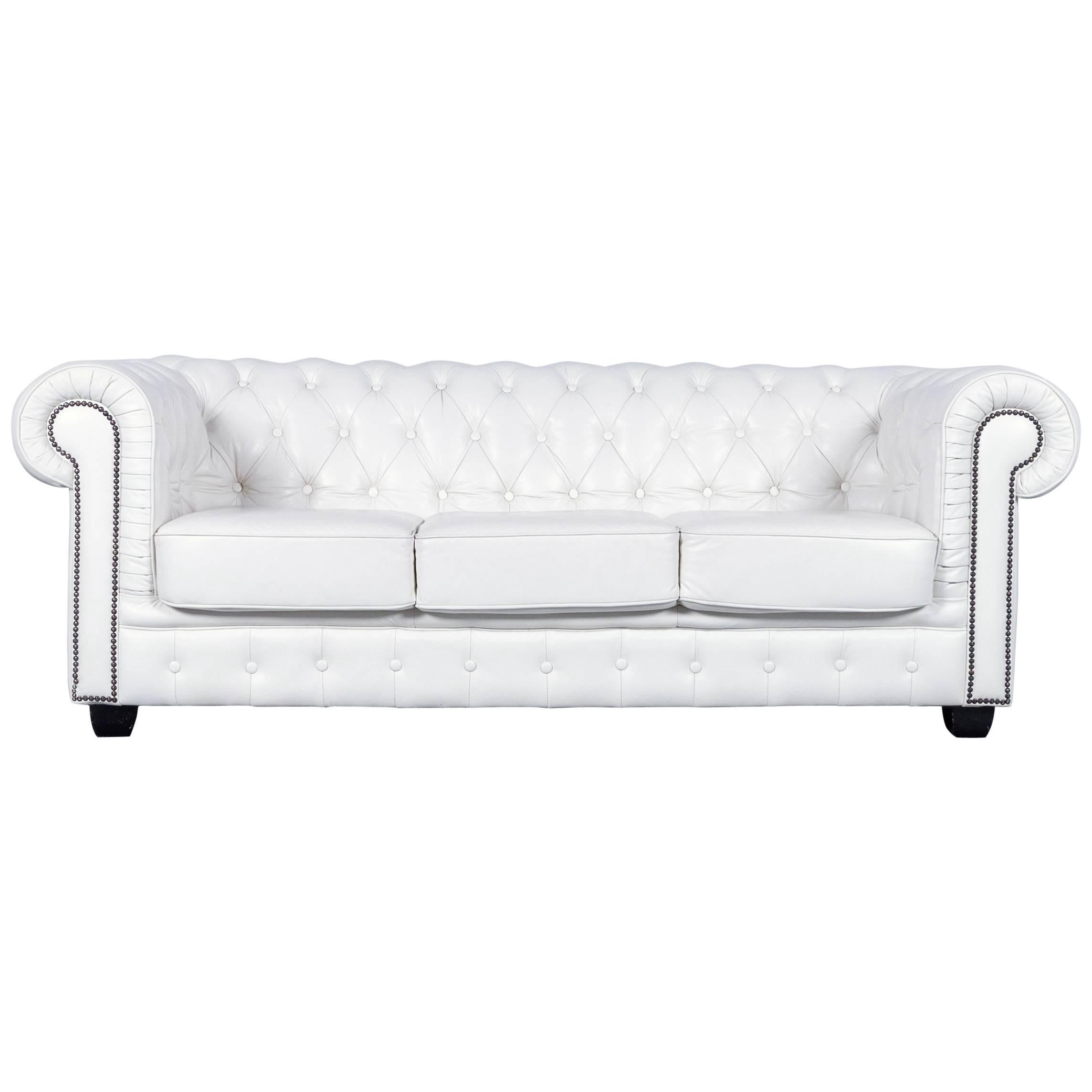 Chesterfield Three-Seat Sofa White Leather Couch Vintage Retro Rivets For Sale
