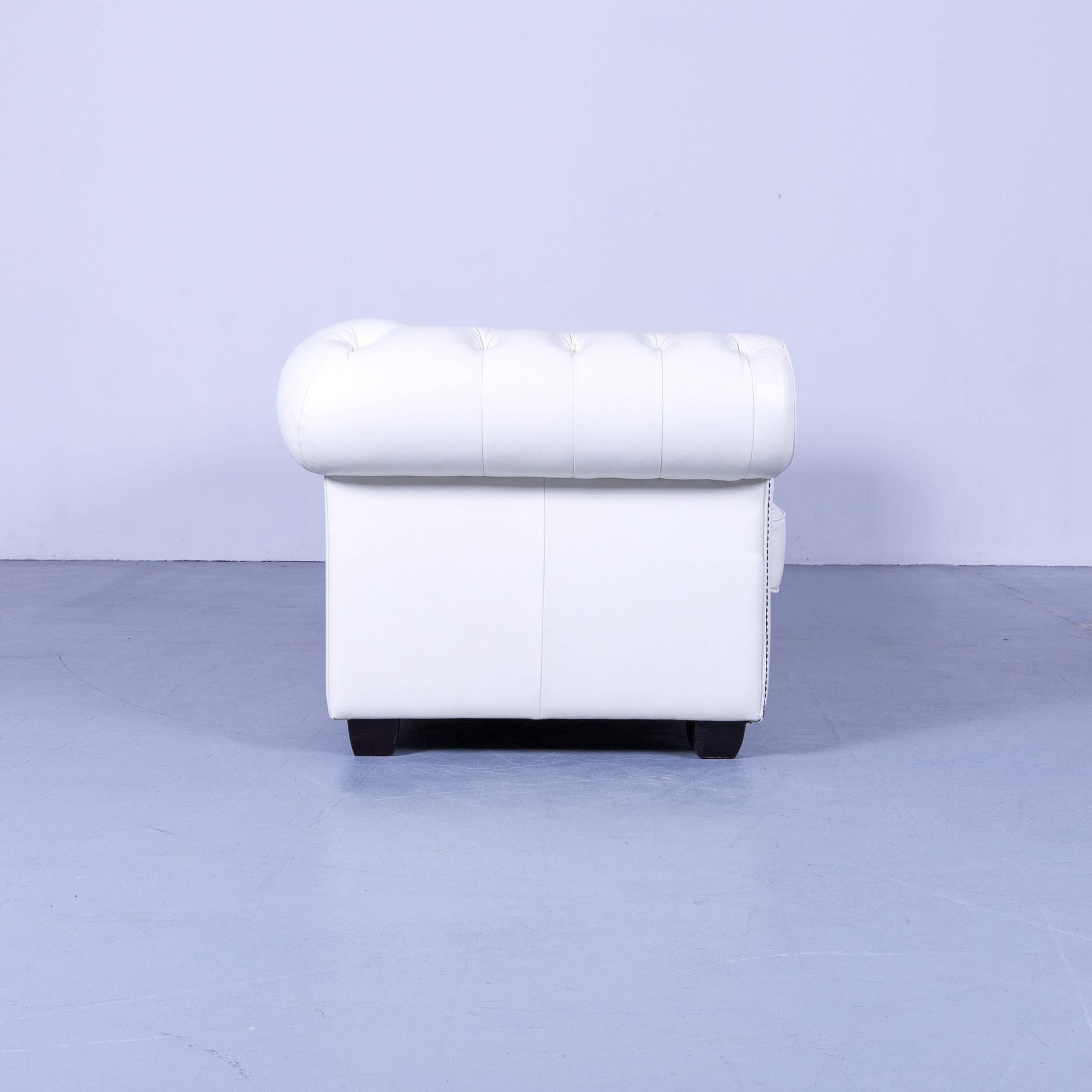 Chesterfield Three-Seat Sofa White Leather Couch Vintage Retro Rivets For Sale 2