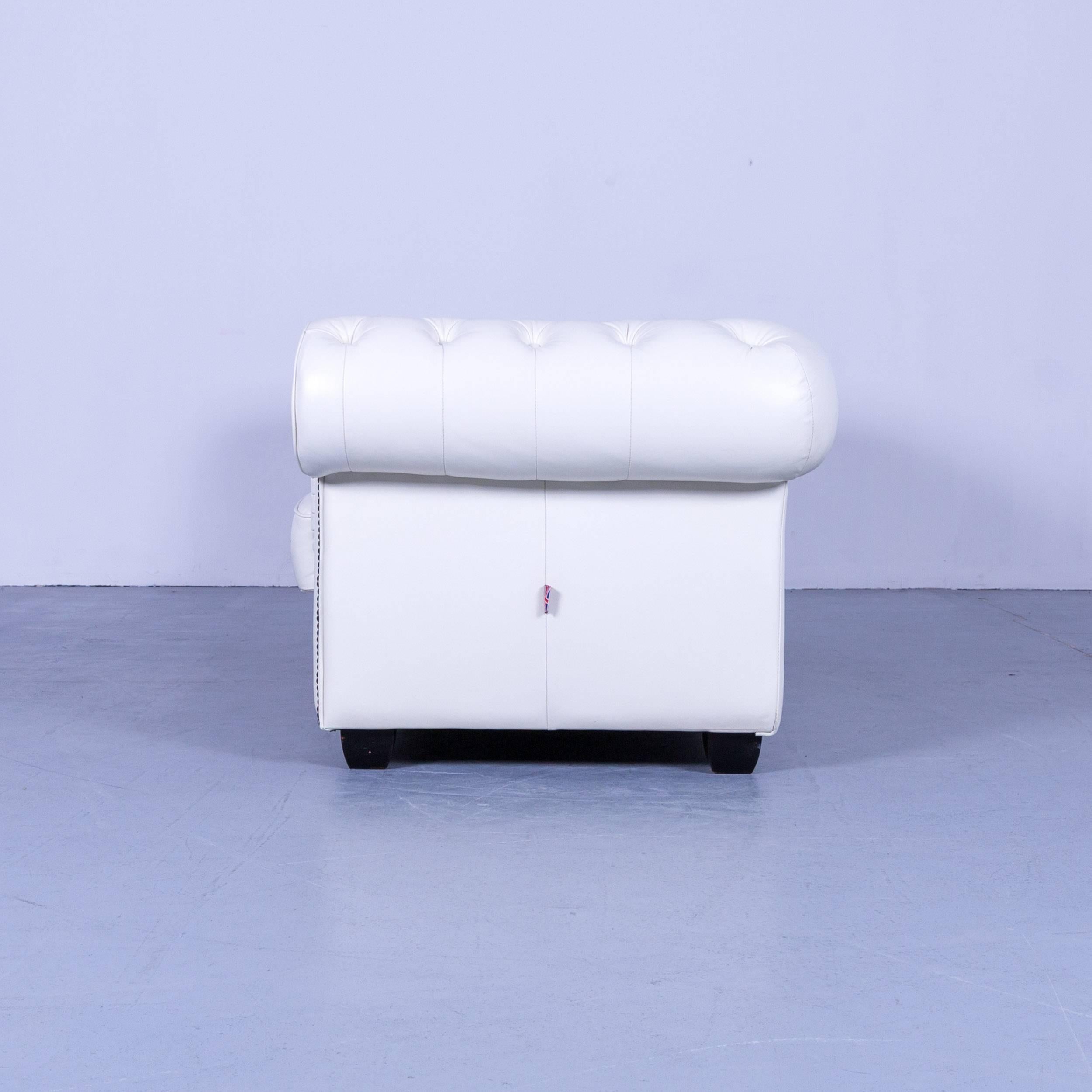 Chesterfield Three-Seat Sofa White Leather Couch Vintage Retro Rivets For Sale 4