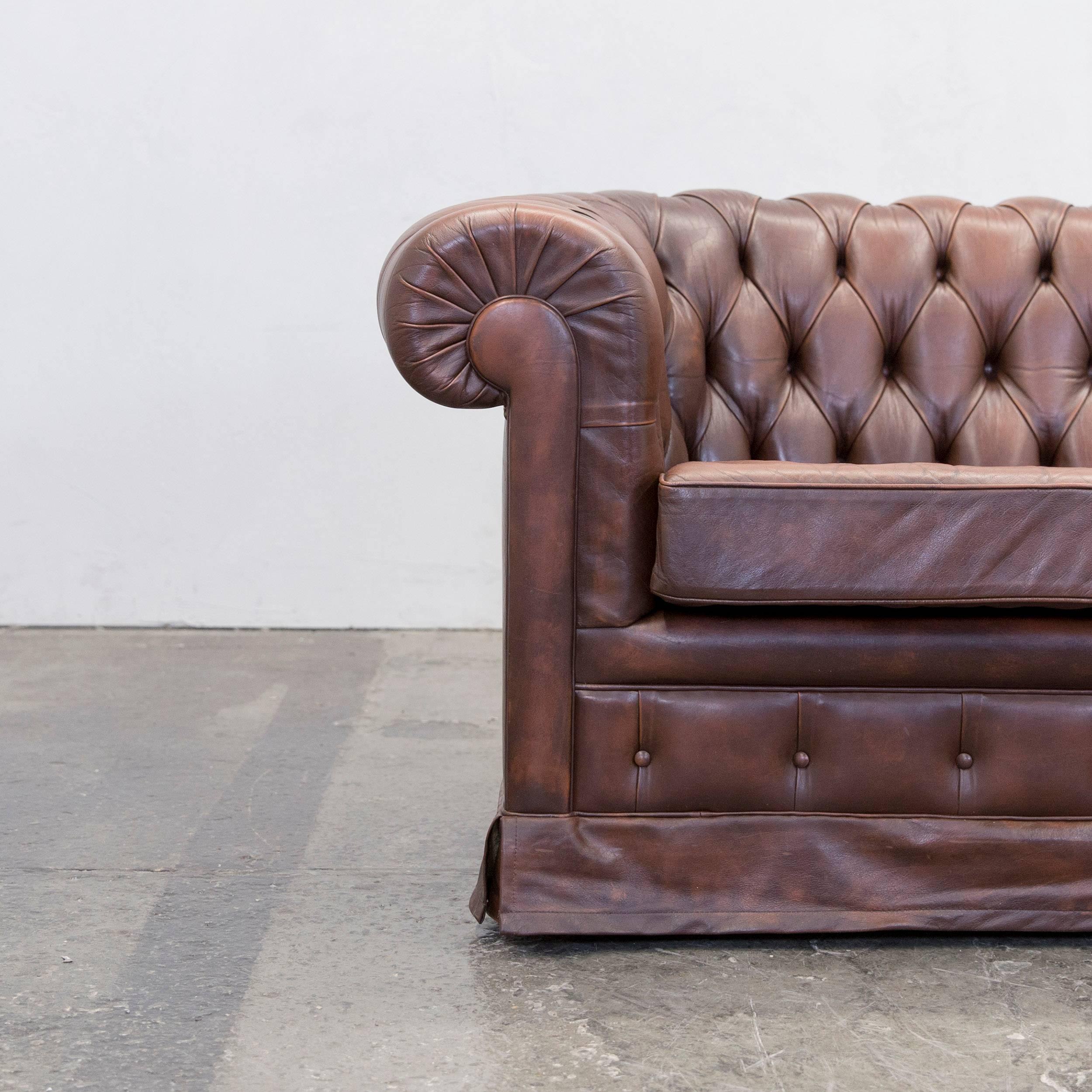 Original Chesterfield Leather Sofa Two-Seat Couch Brown Vintage Retro In Good Condition In Cologne, DE