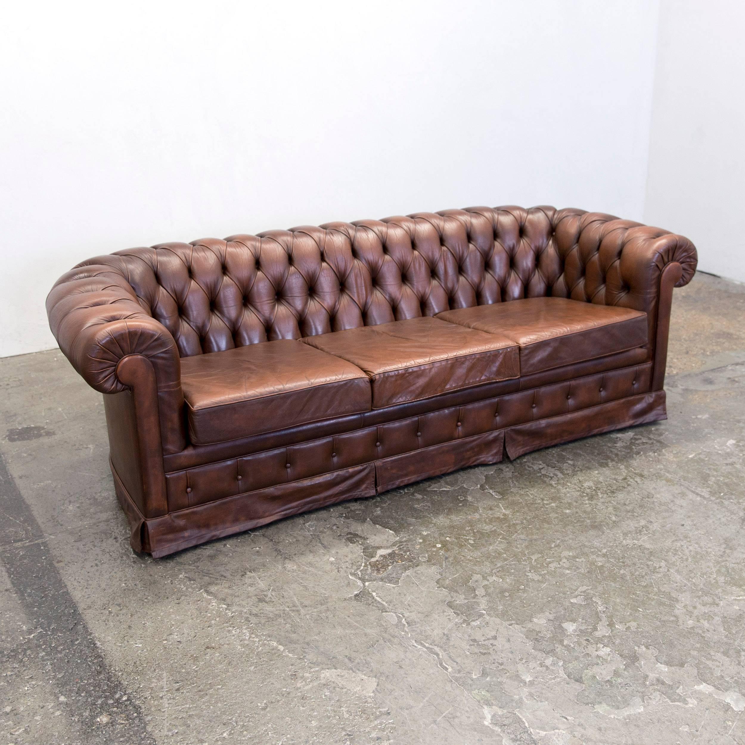 Contemporary Original Chesterfield Leather Sofa Two-Seat Couch Brown Vintage Retro