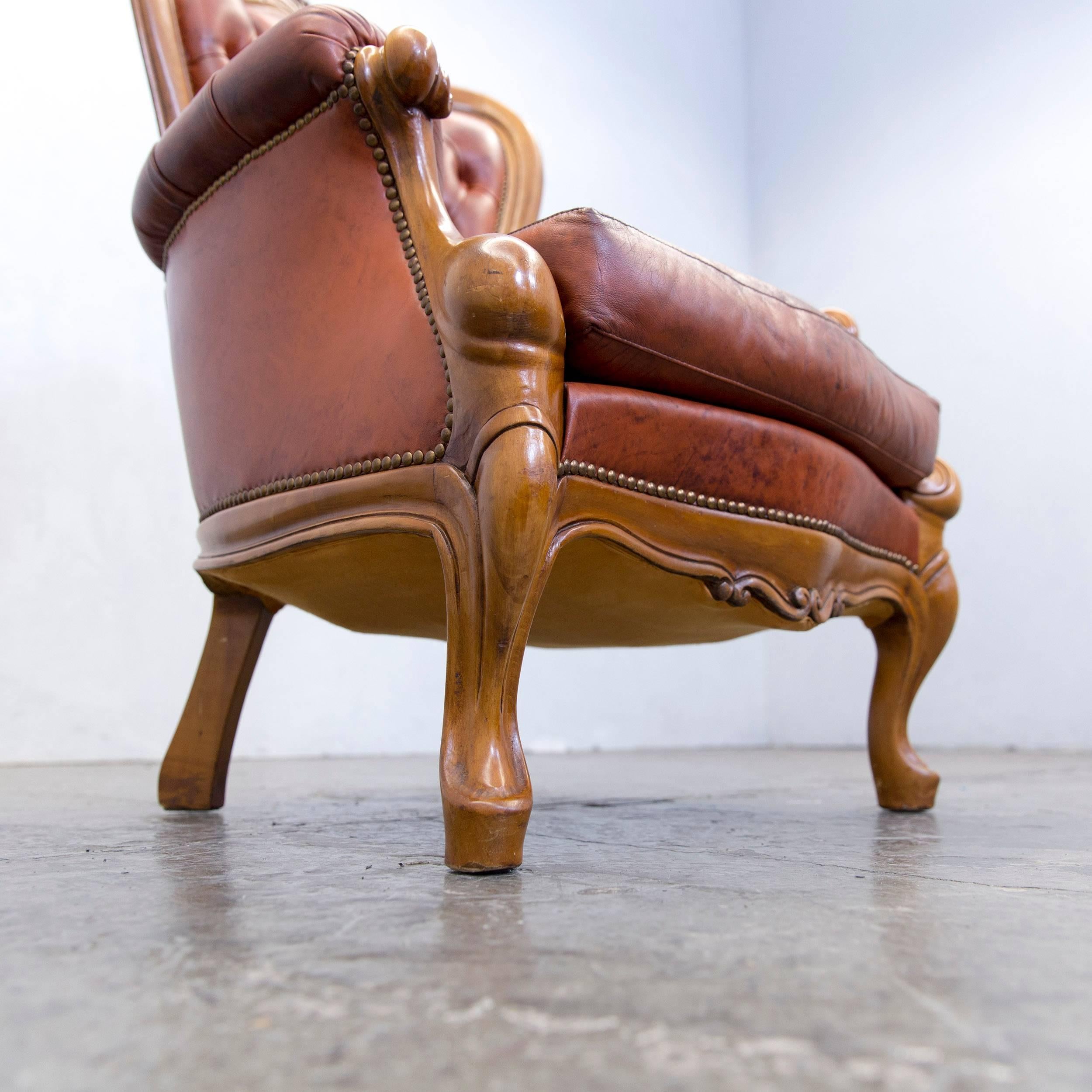 20th Century Chesterfield Armchair Leather Brown One Seat Wood Barock Vintage Retro For Sale