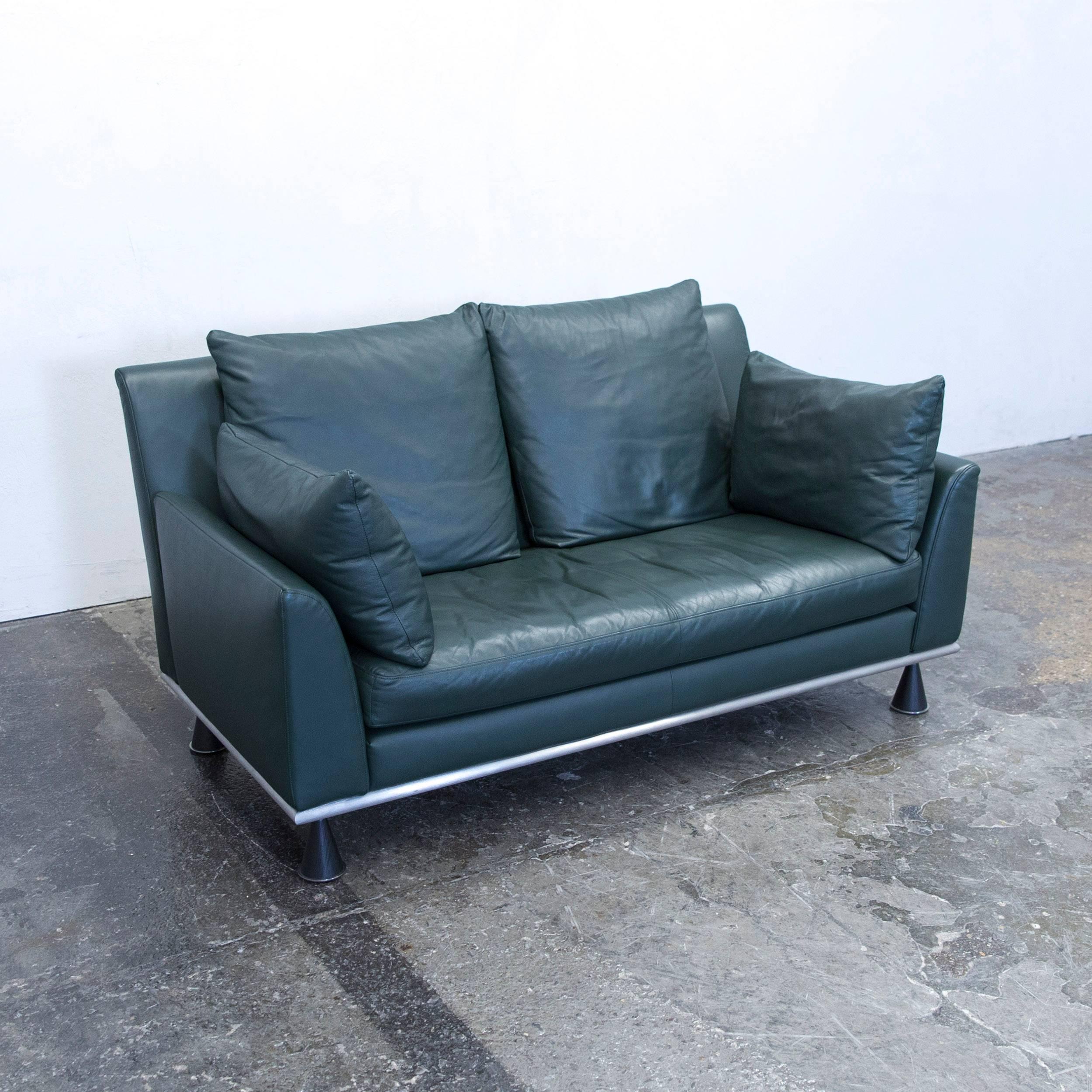 Rolf Benz Designer Sofa Leather Green Two-Seat Couch Modern In Good Condition In Cologne, DE