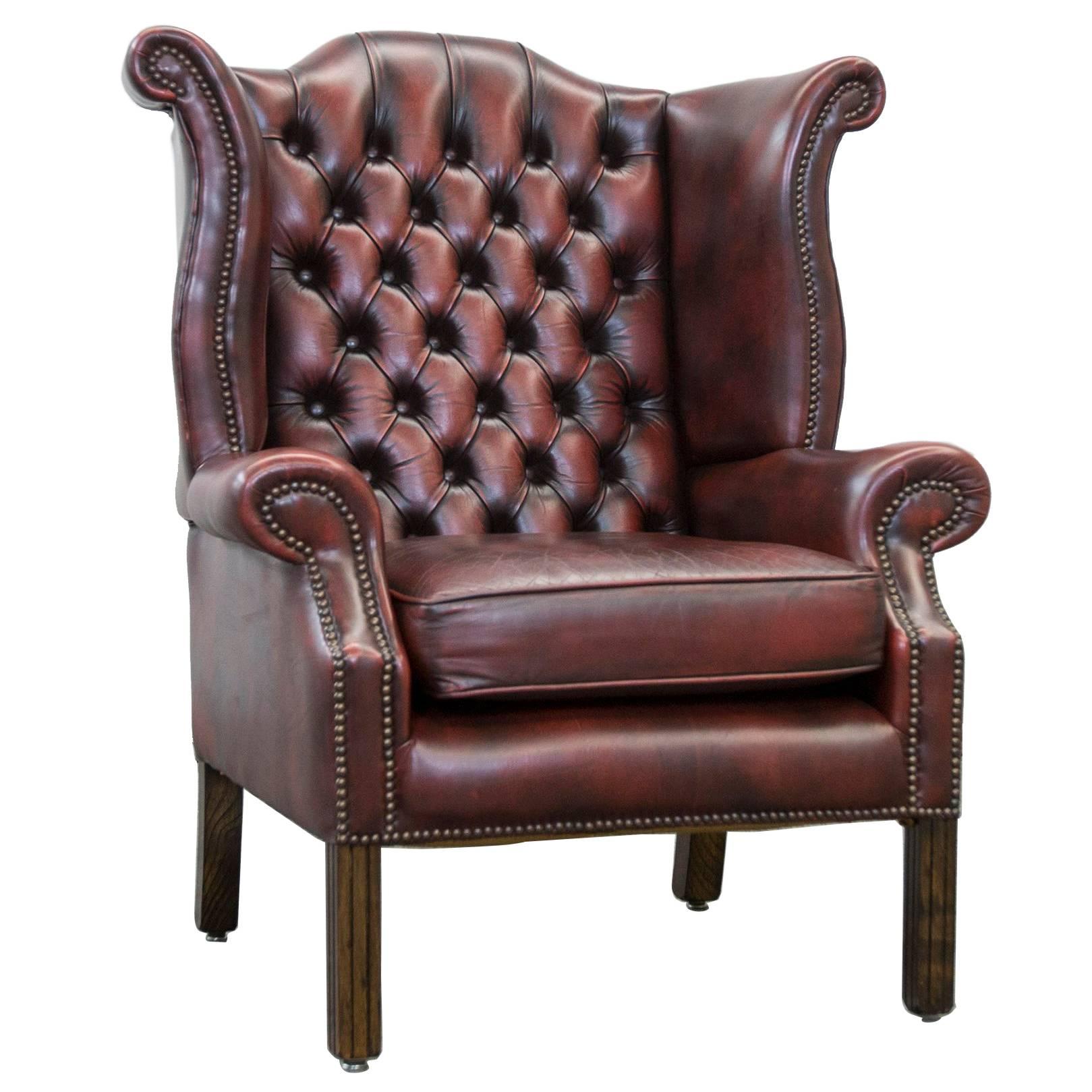 Chesterfield Leather Wingchair in Oxblood Red, One Seat Vintage, Retro For Sale