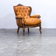 Chesterfield Cognac Orange Brown Leather Armchair, One Seat Wood Barock Retro