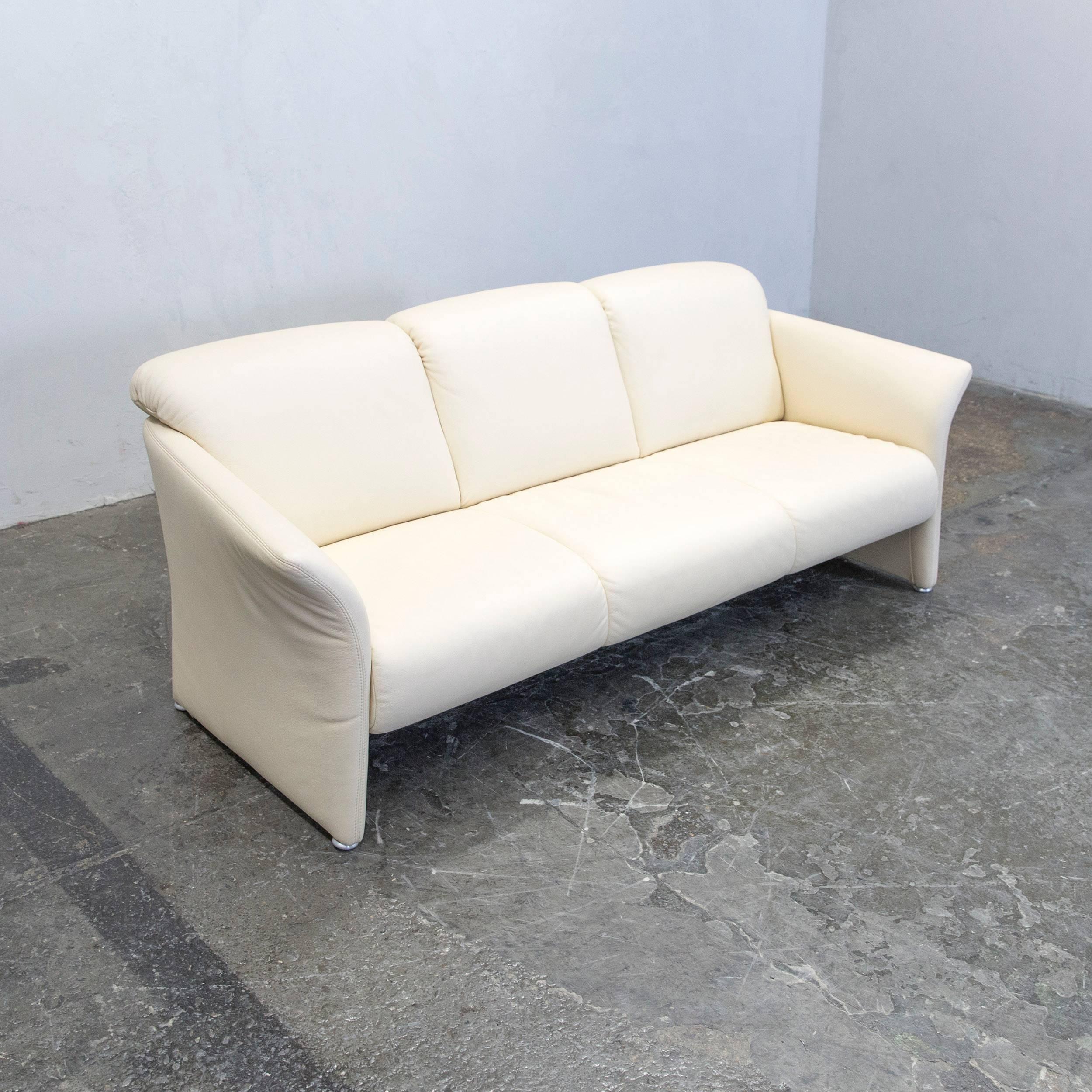 German Designer Sofa Set Armchair Leather Crème Three-Seat Couch Modern