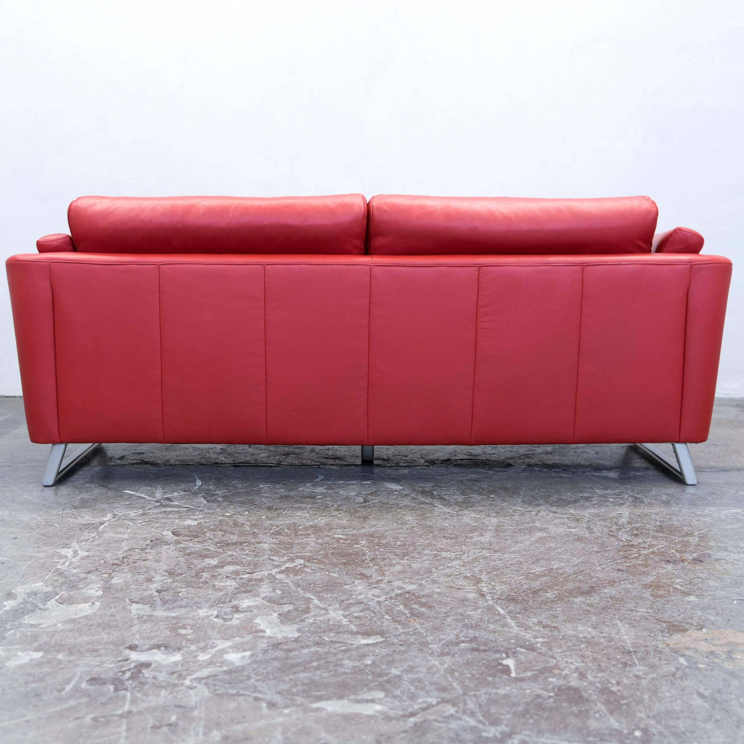 Designer Sofa Leather Red Three-Seat Couch Modern For Sale 3