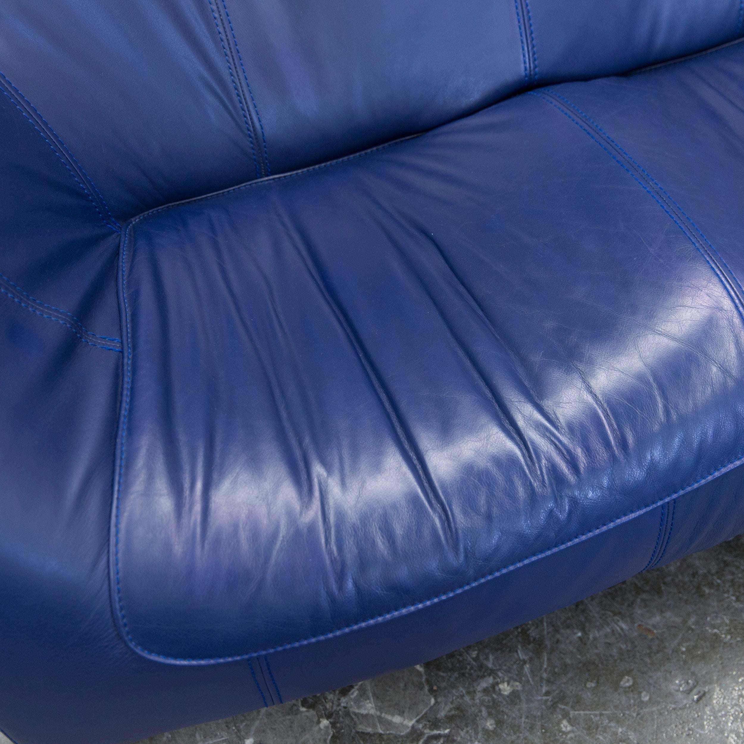 German Designer Sofa Leather Blue Two-Seat Couch Modern