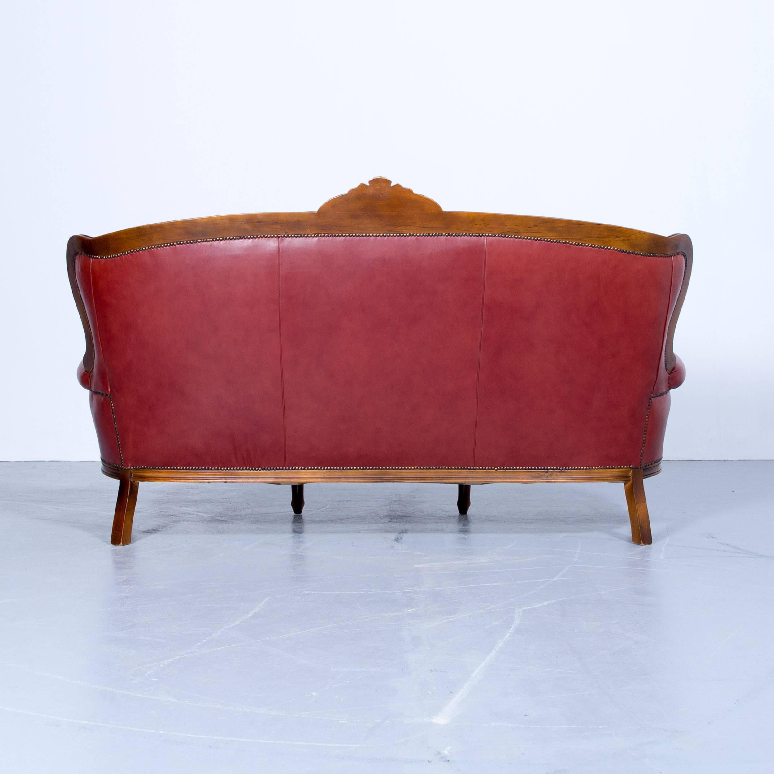 20th Century Barock Chesterfield Sofa Red Brown Leather Three-Seat Couch Vintage Rivets For Sale