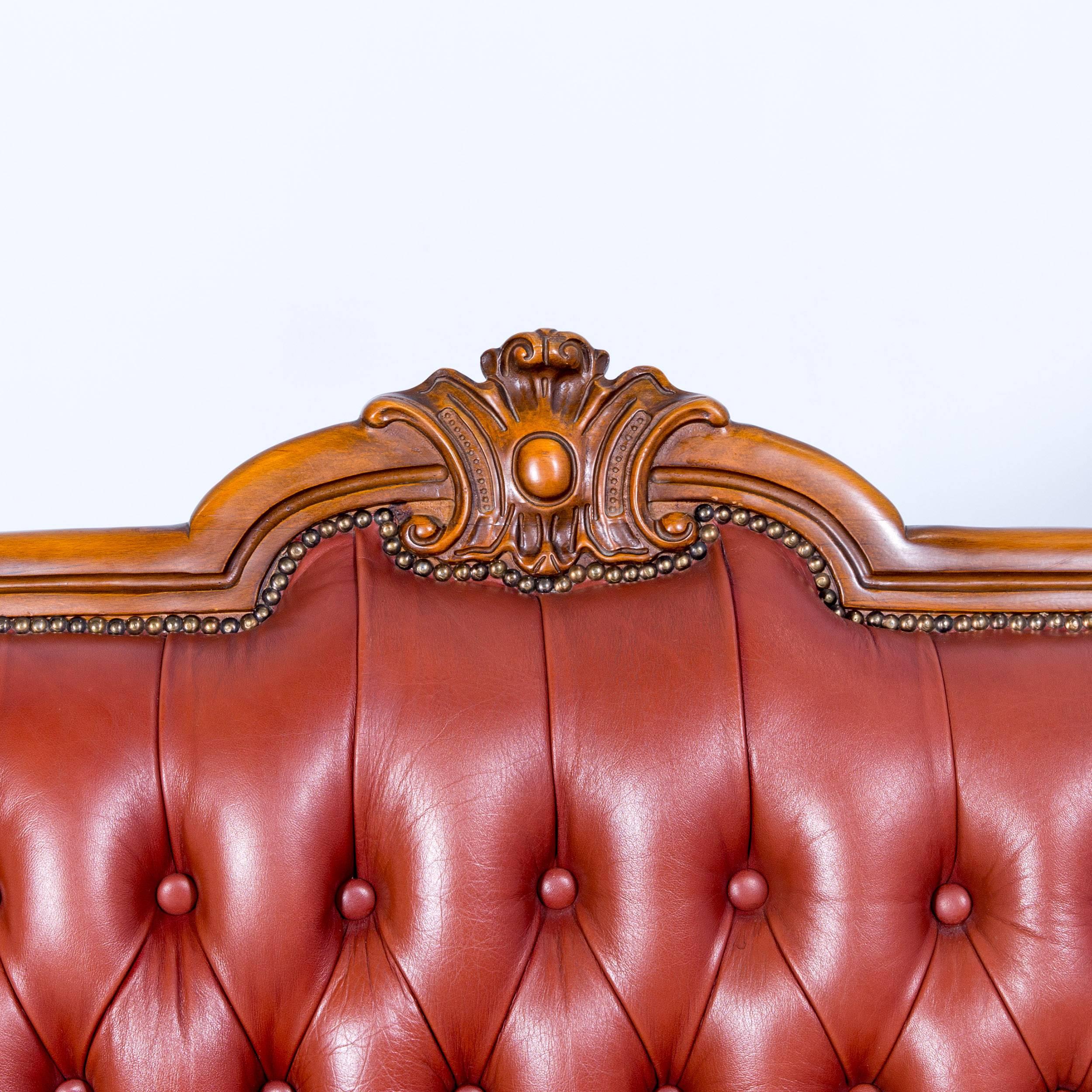 British Barock Chesterfield Sofa Red Brown Leather Three-Seat Couch Vintage Rivets For Sale