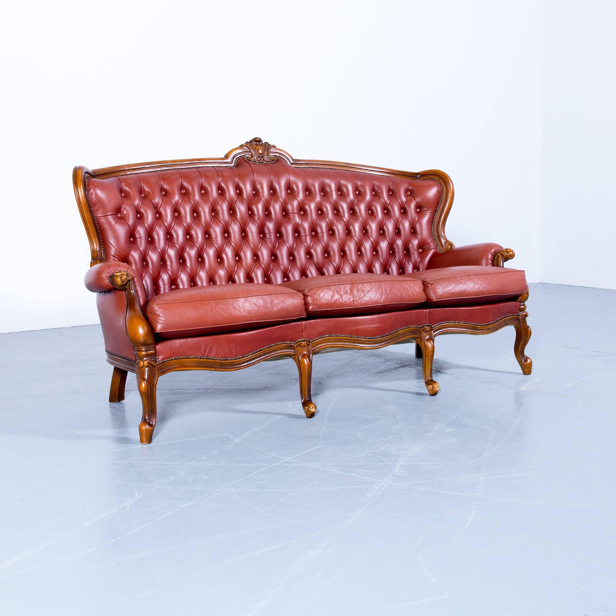 British Barock Chesterfield Sofa Red Brown Leather Three-Seat Couch Vintage Rivets