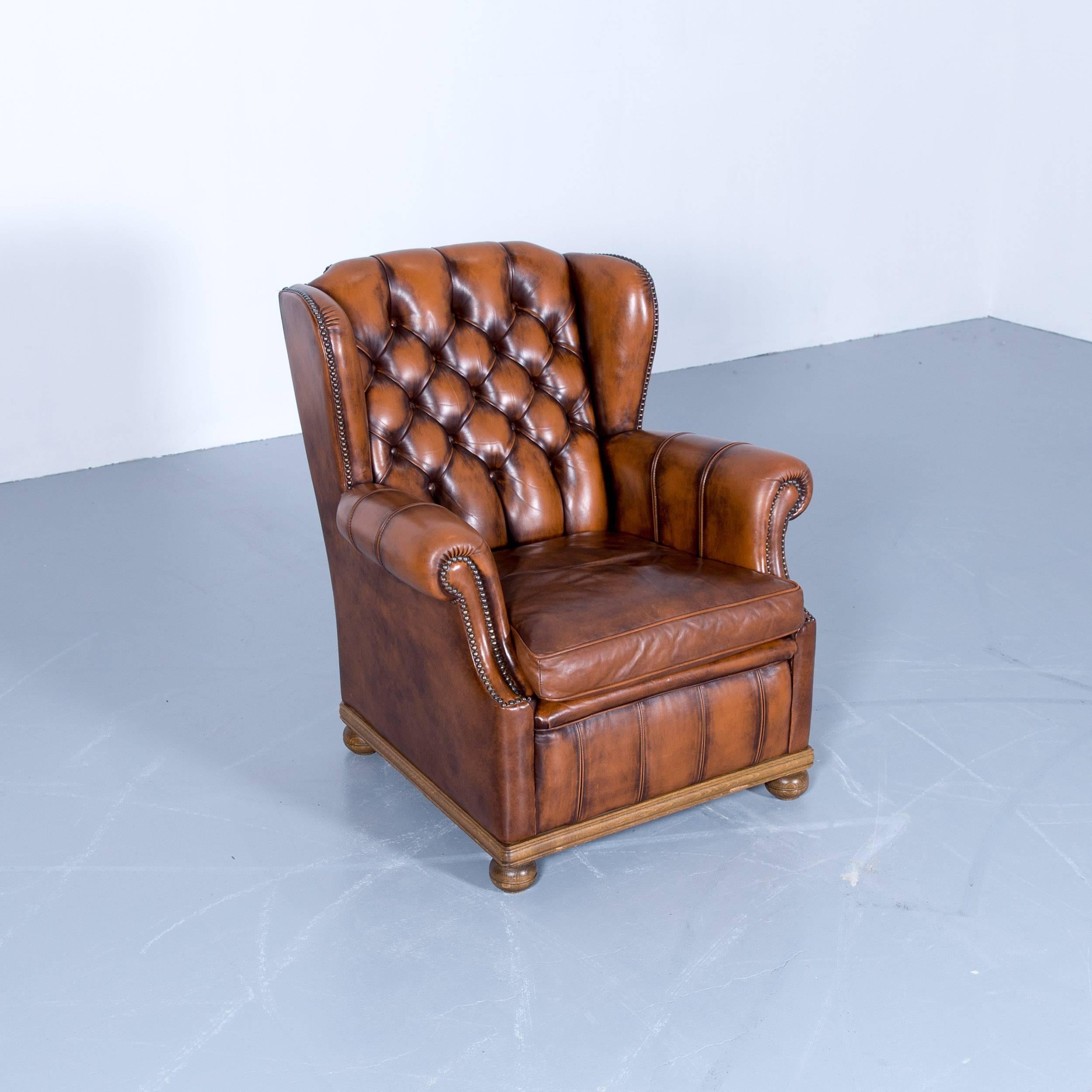 British Chesterfield Armchair Leather Brown One Seat Couch Retro Vintage Rivets