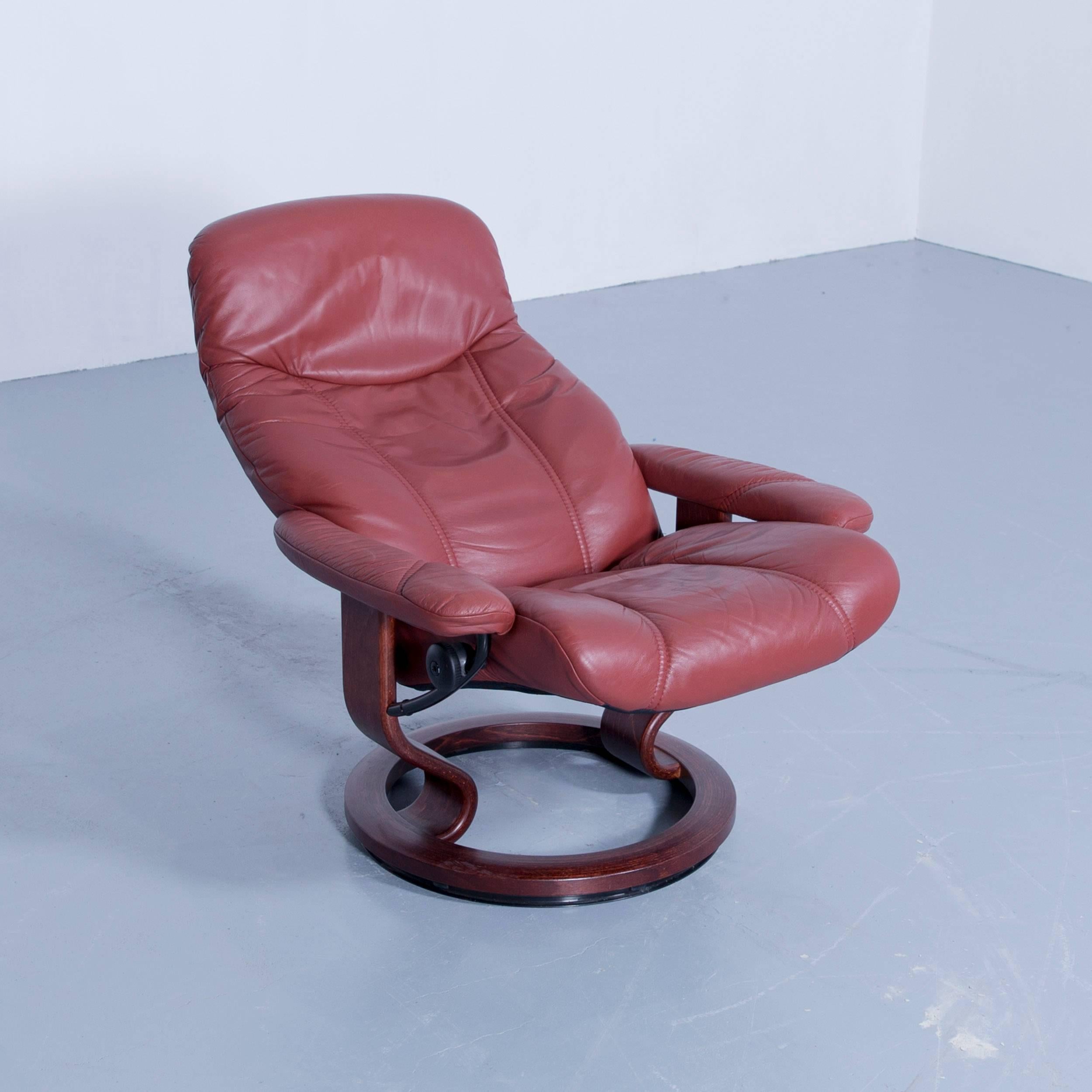 German Stressless Consul M Chair Set Incl. Stool Leather Red Brown Relax Function Couch