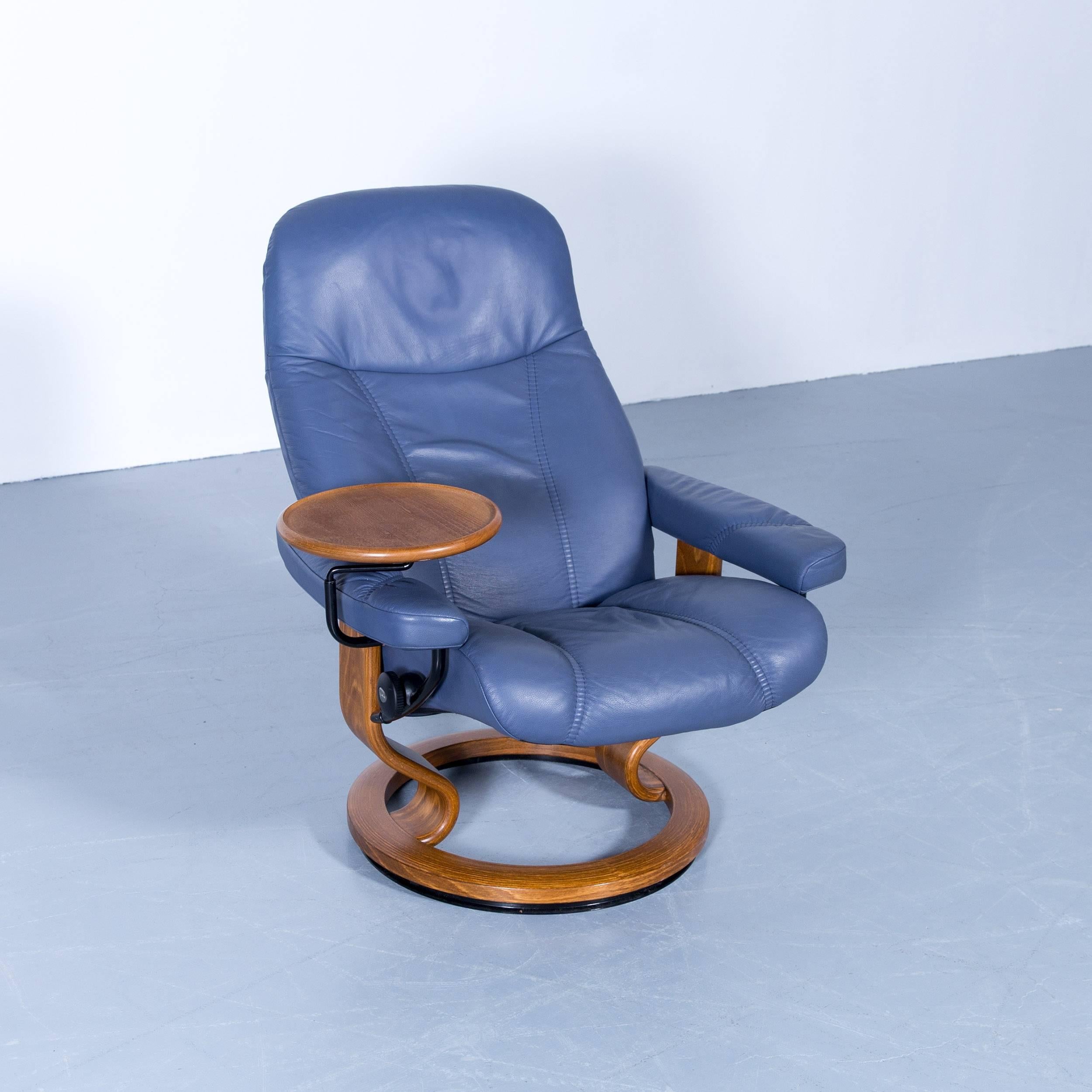 Contemporary Stressless Consul Relax Armchair and Footstool Set Blue Leather Relax Function