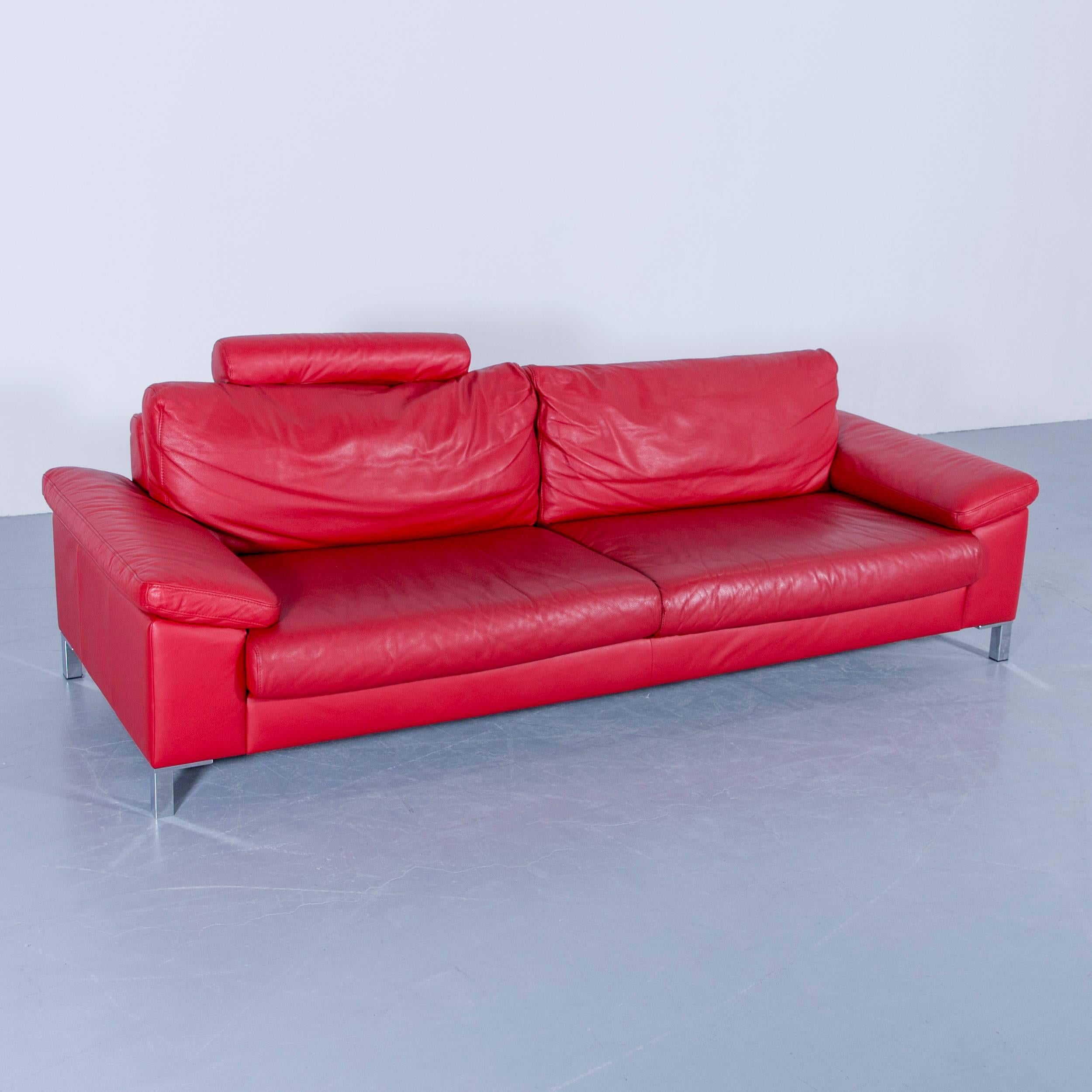 Contemporary Designer Sofa Red Three-Seat Leather Modern Couch Head Rest