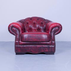 Chesterfield Armchair Leather Red One-Seat Couch, Retro Vintage