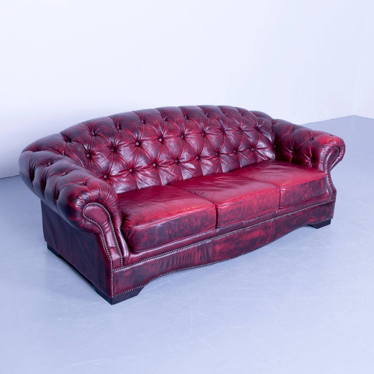 Chesterfield Sofa Set Red Leather Three-Seat and Armchair Couch Vintage at  1stDibs | red vintage couch