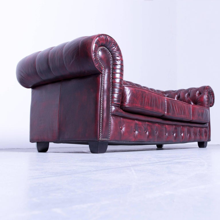 Chesterfield Three-Seat Sofa and Two Armchairs Oxblood Red Vintage Retro  Wood at 1stDibs