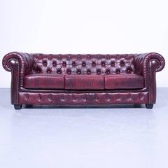 Chesterfield Three-Seat Sofa and Two Armchairs Oxblood Red Vintage Retro Wood