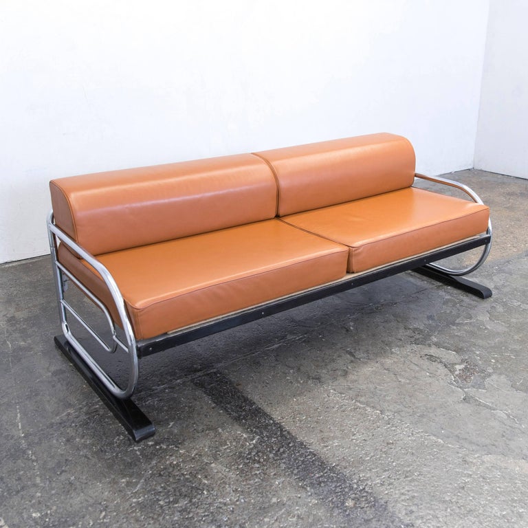 Gottwald Bauhaus Designer Sofa Leather Cognac Brown ThreeSeat Metal